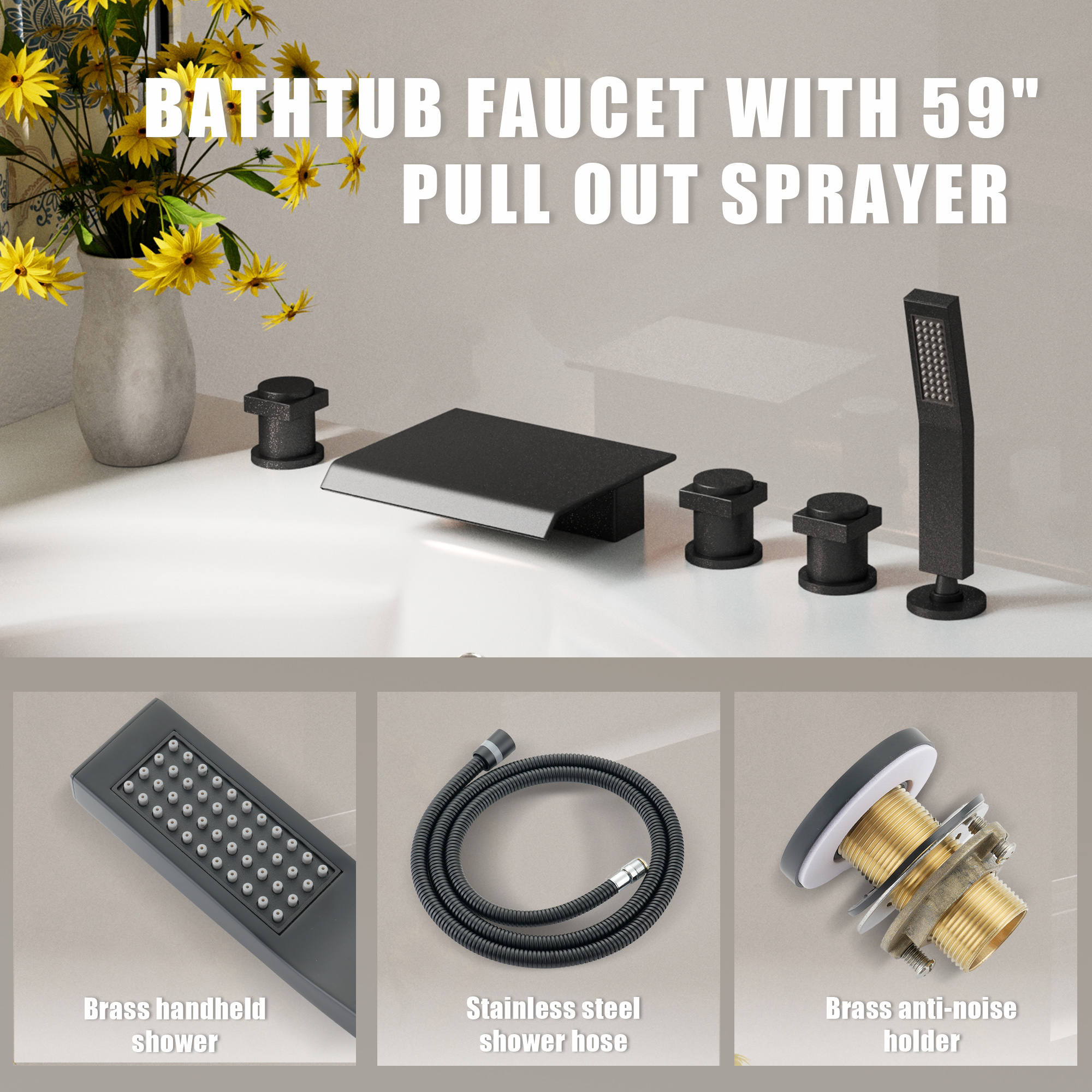 3-Handle 5 Holes Deck-Mounted Bathtub Faucet with Handheld Shower