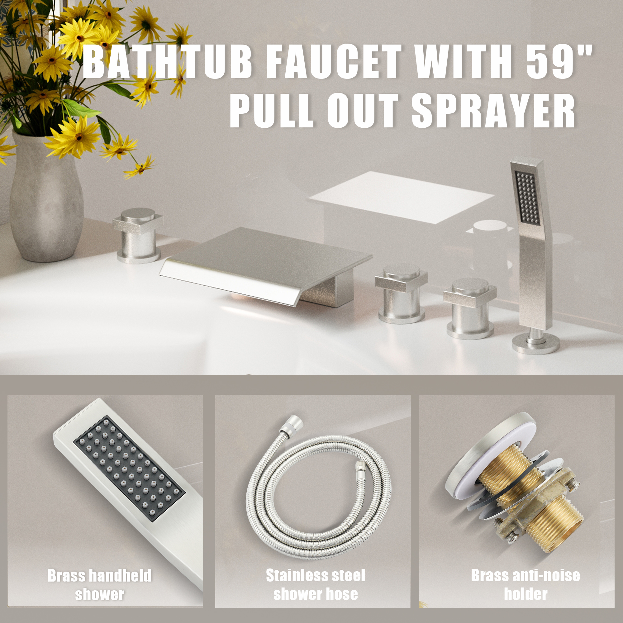 3-Handle 5 Holes Deck-Mounted Bathtub Faucet with Handheld Shower