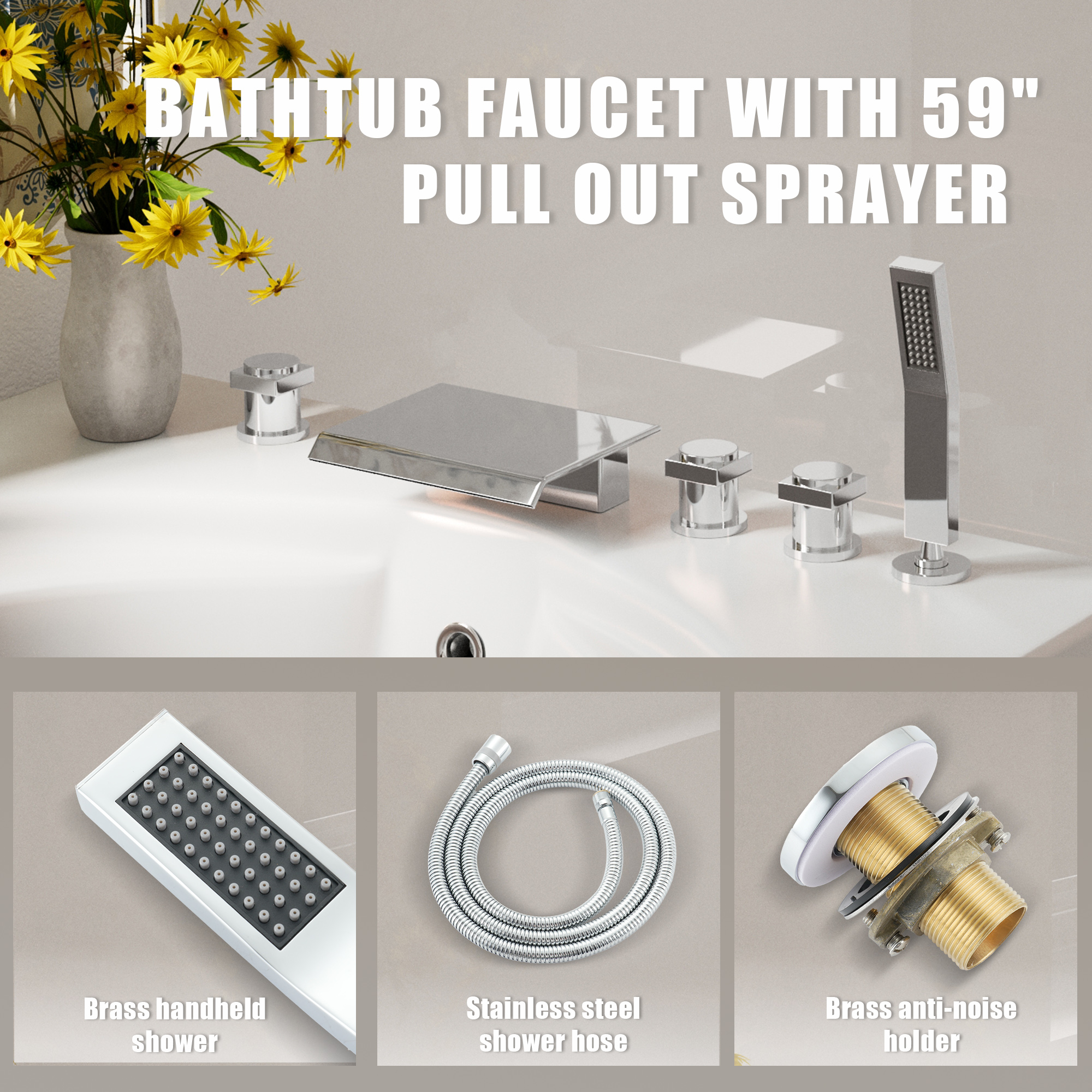 3-Handle 5 Holes Deck-Mounted Bathtub Faucet with Handheld Shower