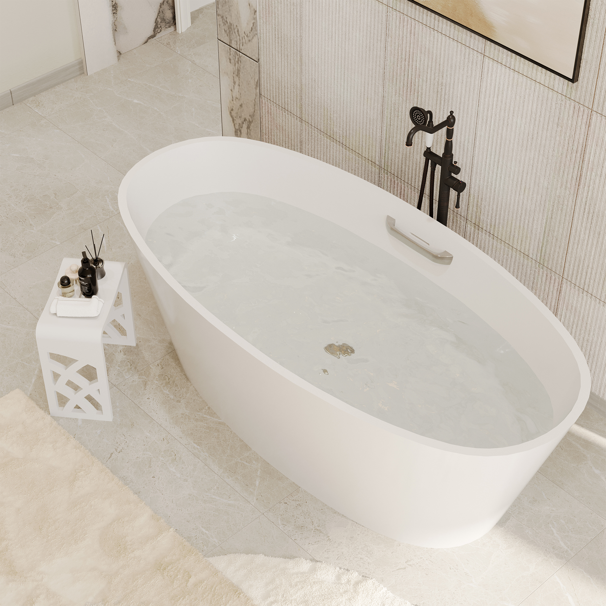 63" Matte White Solid Surface Freestanding Soaking Bathtub with One-Side Armrest