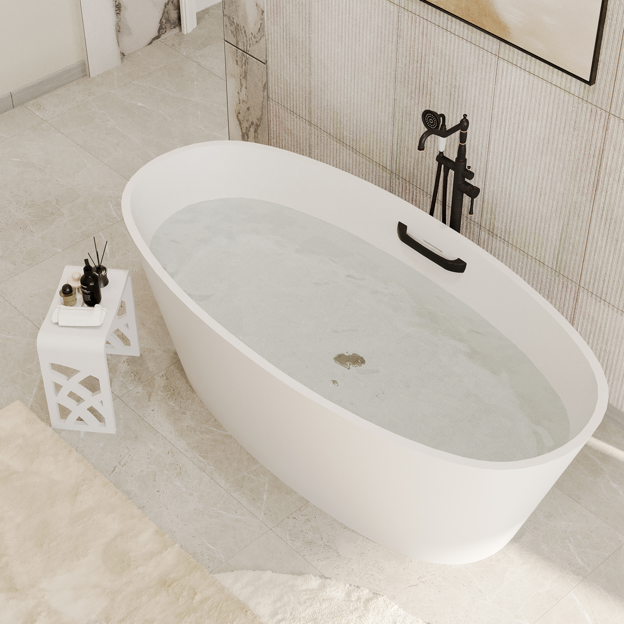 63" Matte White Solid Surface Freestanding Soaking Bathtub with One-Side Armrest