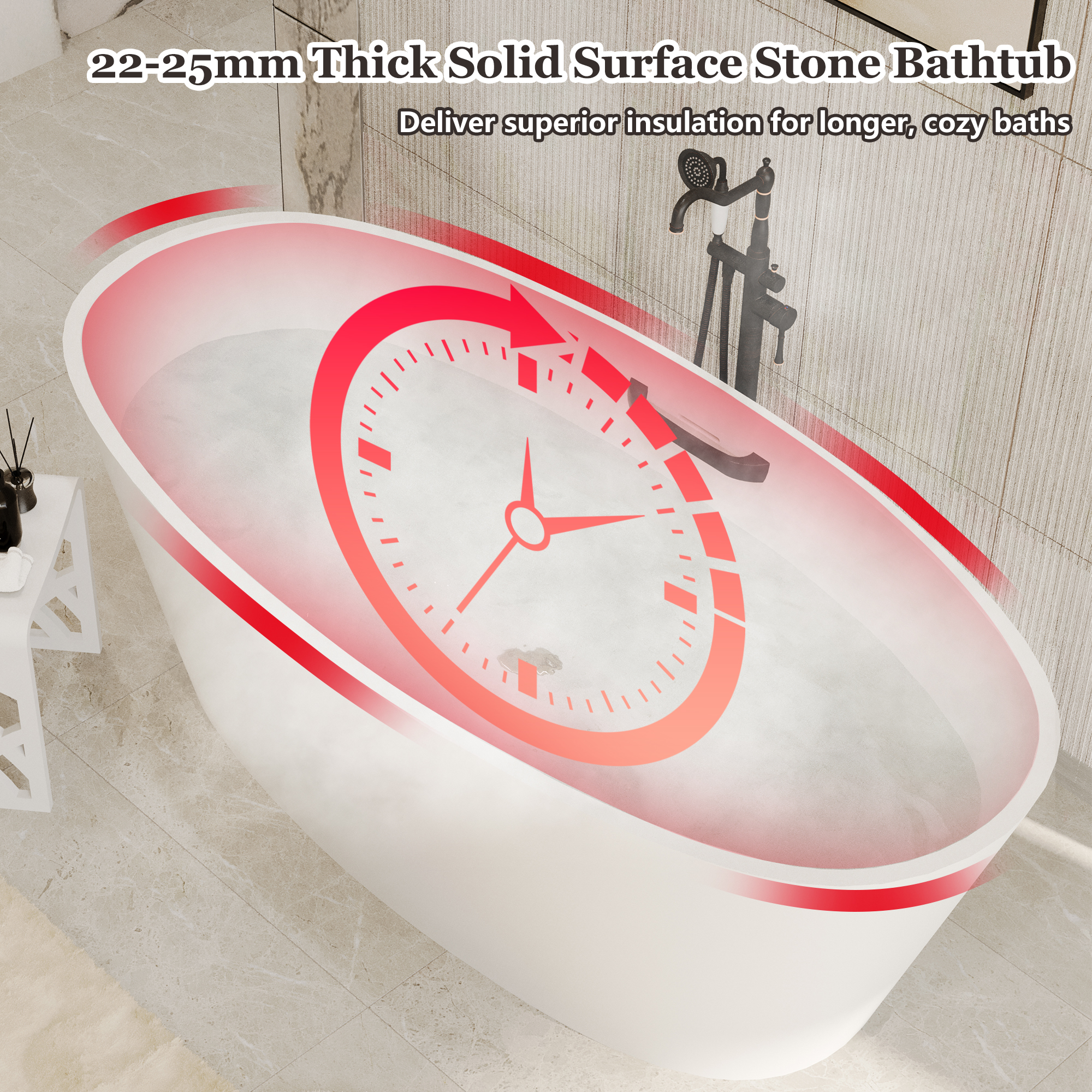 63" Matte White Solid Surface Freestanding Soaking Bathtub with One-Side Armrest