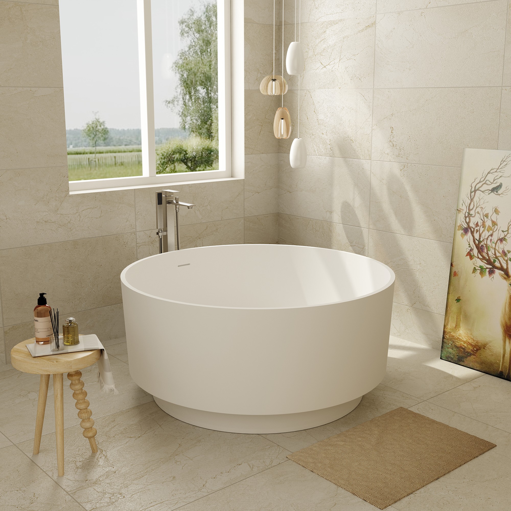 49" Round Solid Surface Freestanding Soaking Bathtub for Family Relaxation