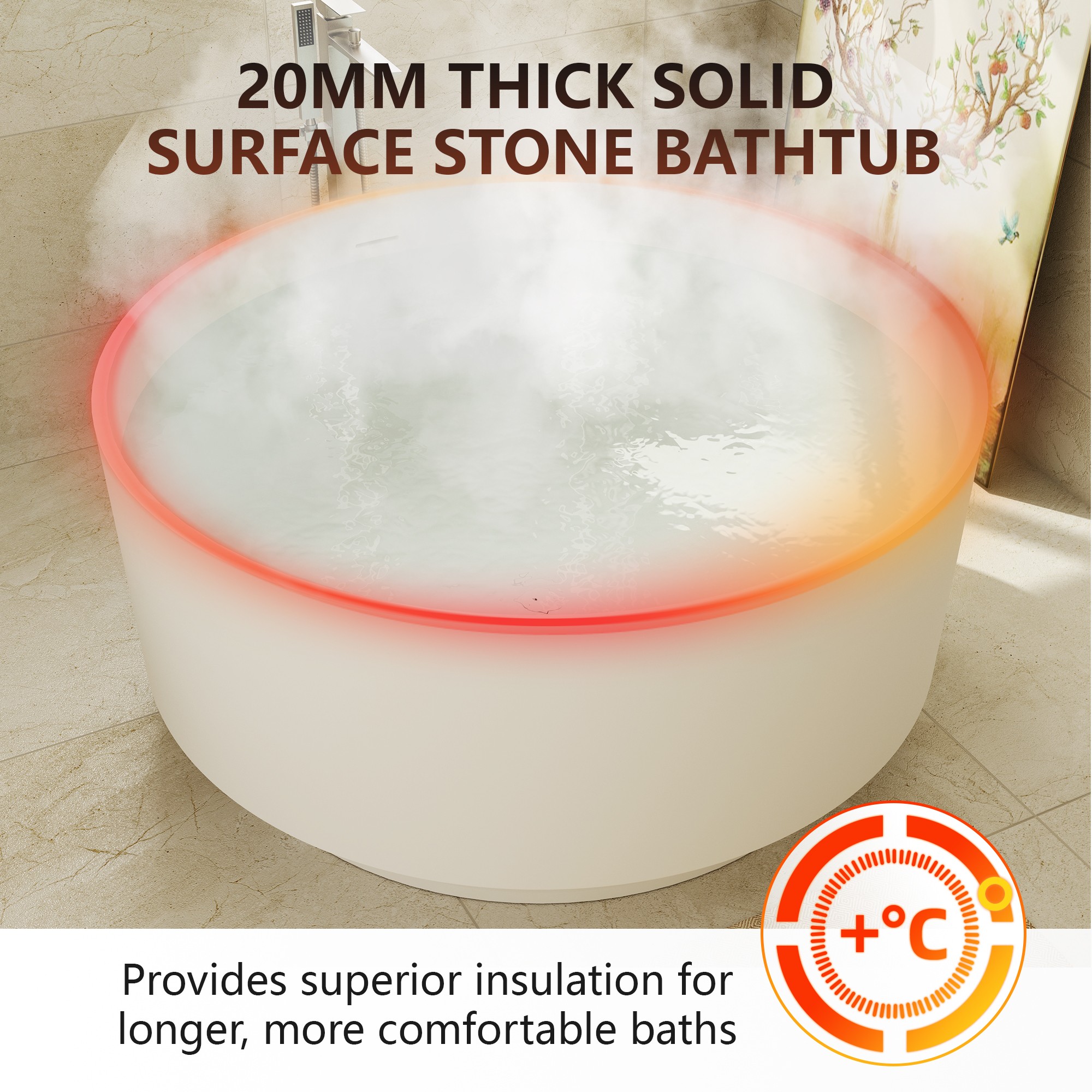 49" Round Solid Surface Freestanding Soaking Bathtub for Family Relaxation