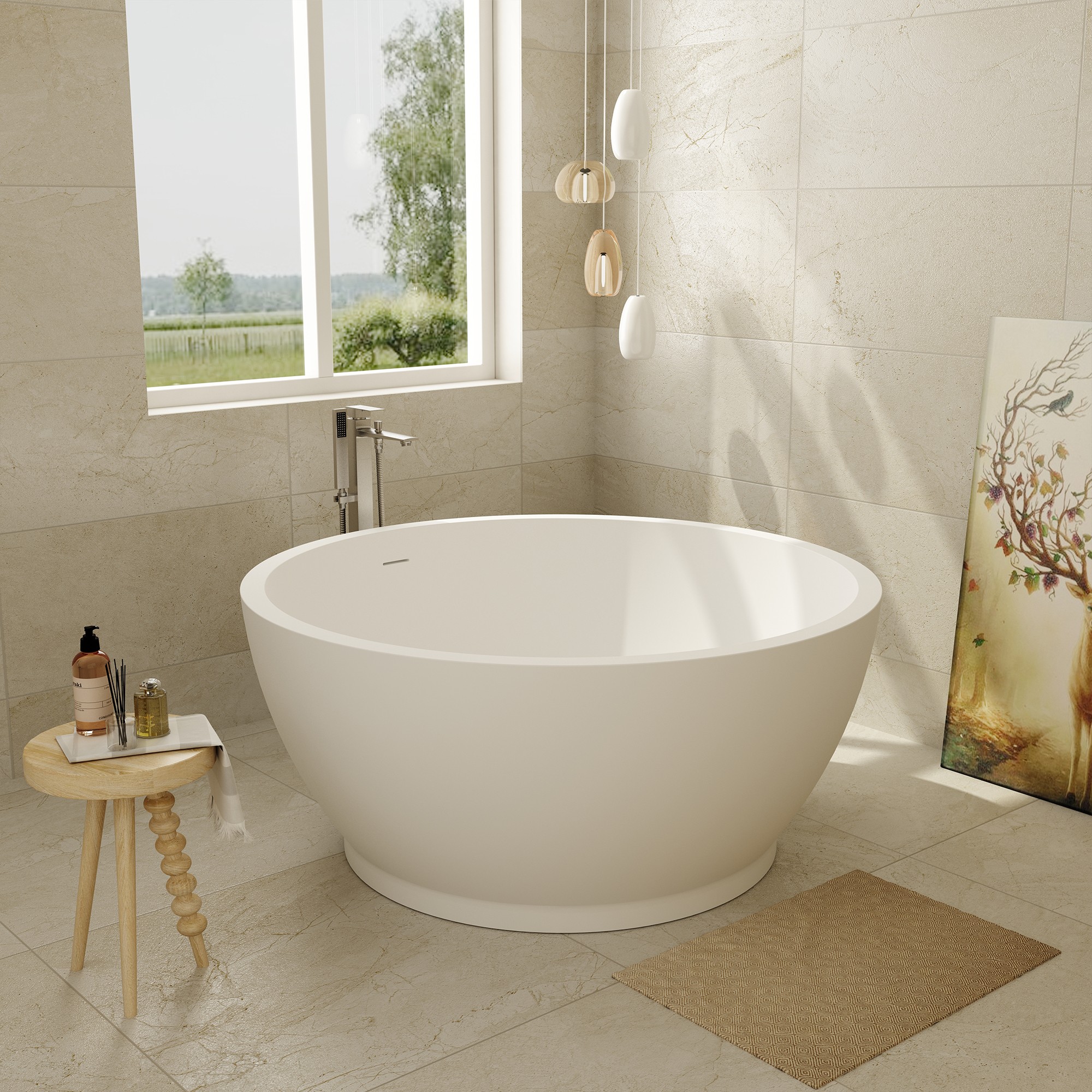 53" Freestanding Solid Surface Soaking Bathtub with 4" Wide Rim