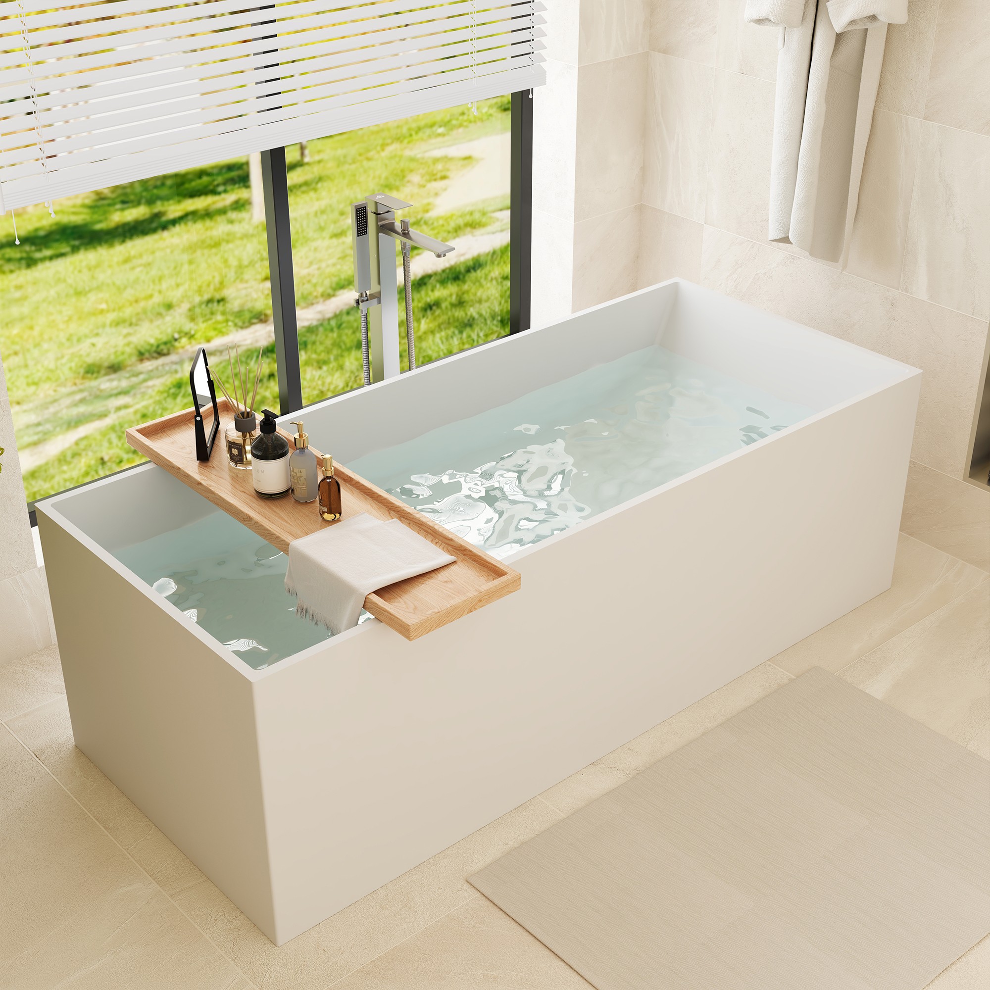 67" Freestanding Solid Surface Bathtub with Slide-Like Curved Interior