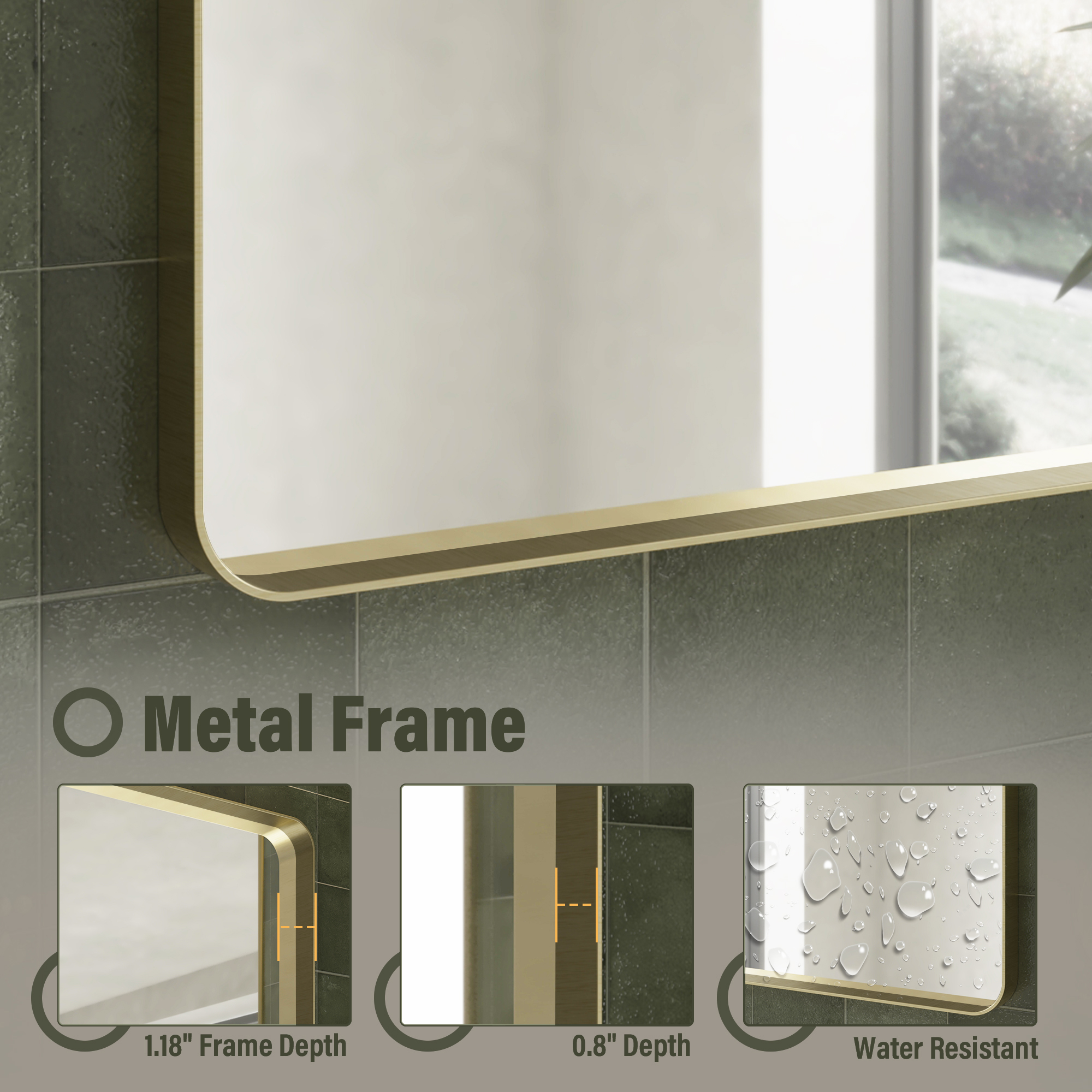 Tempered Glass Wall-Mounted Mirror with Gold Metal Frame