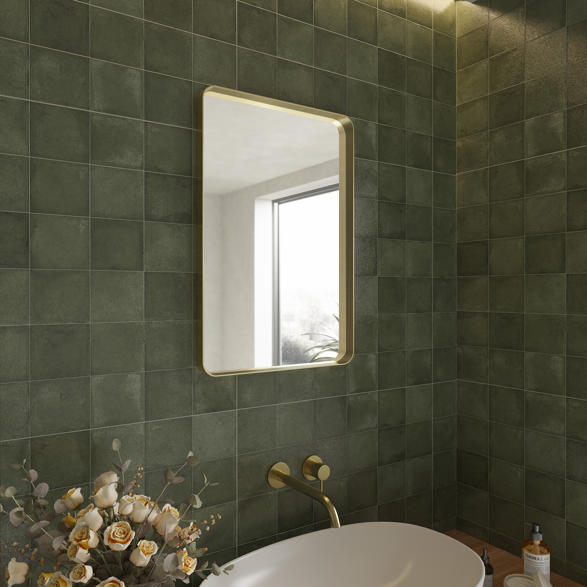 Tempered Glass Wall-Mounted Mirror with Gold Metal Frame