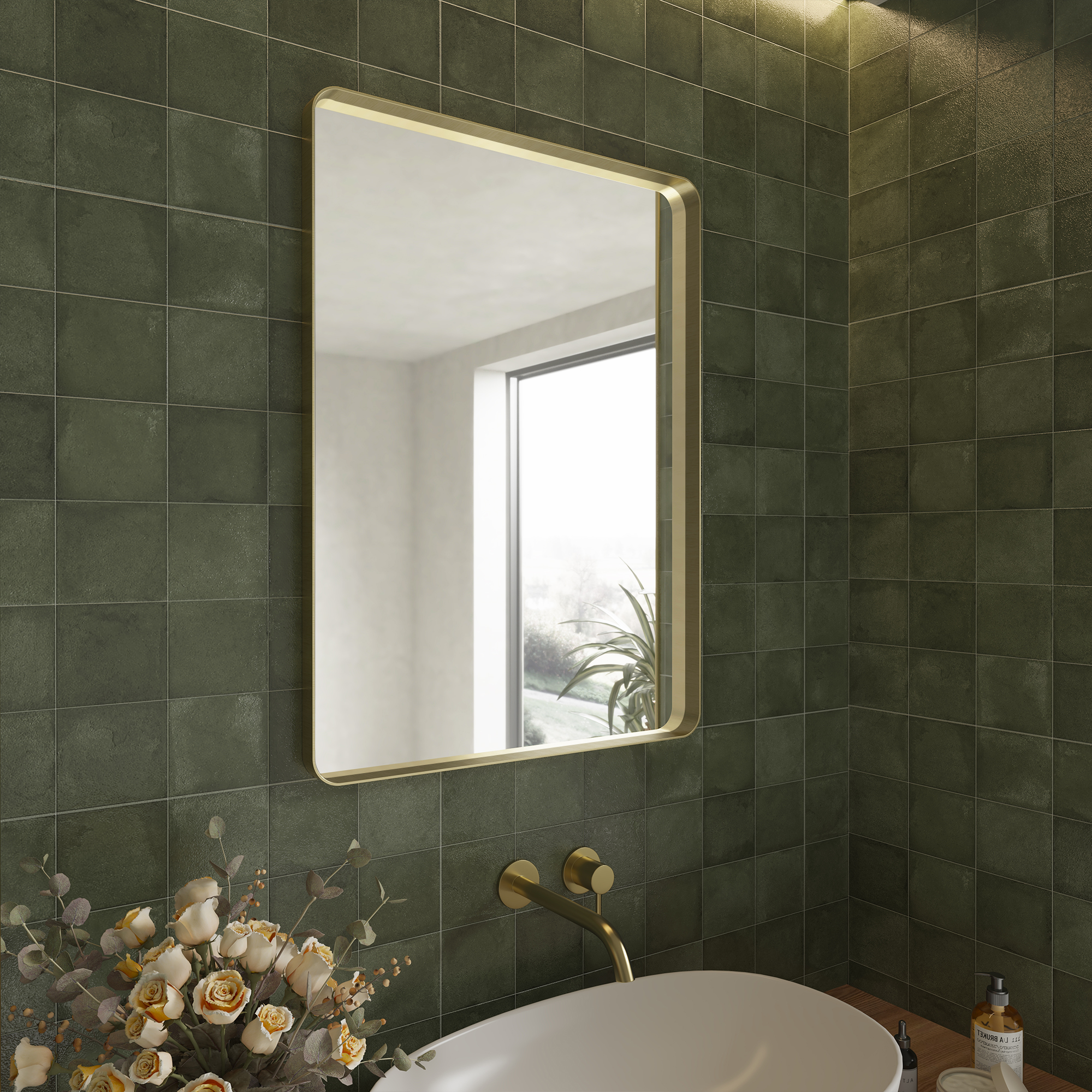 Tempered Glass Wall-Mounted Mirror with Gold Metal Frame