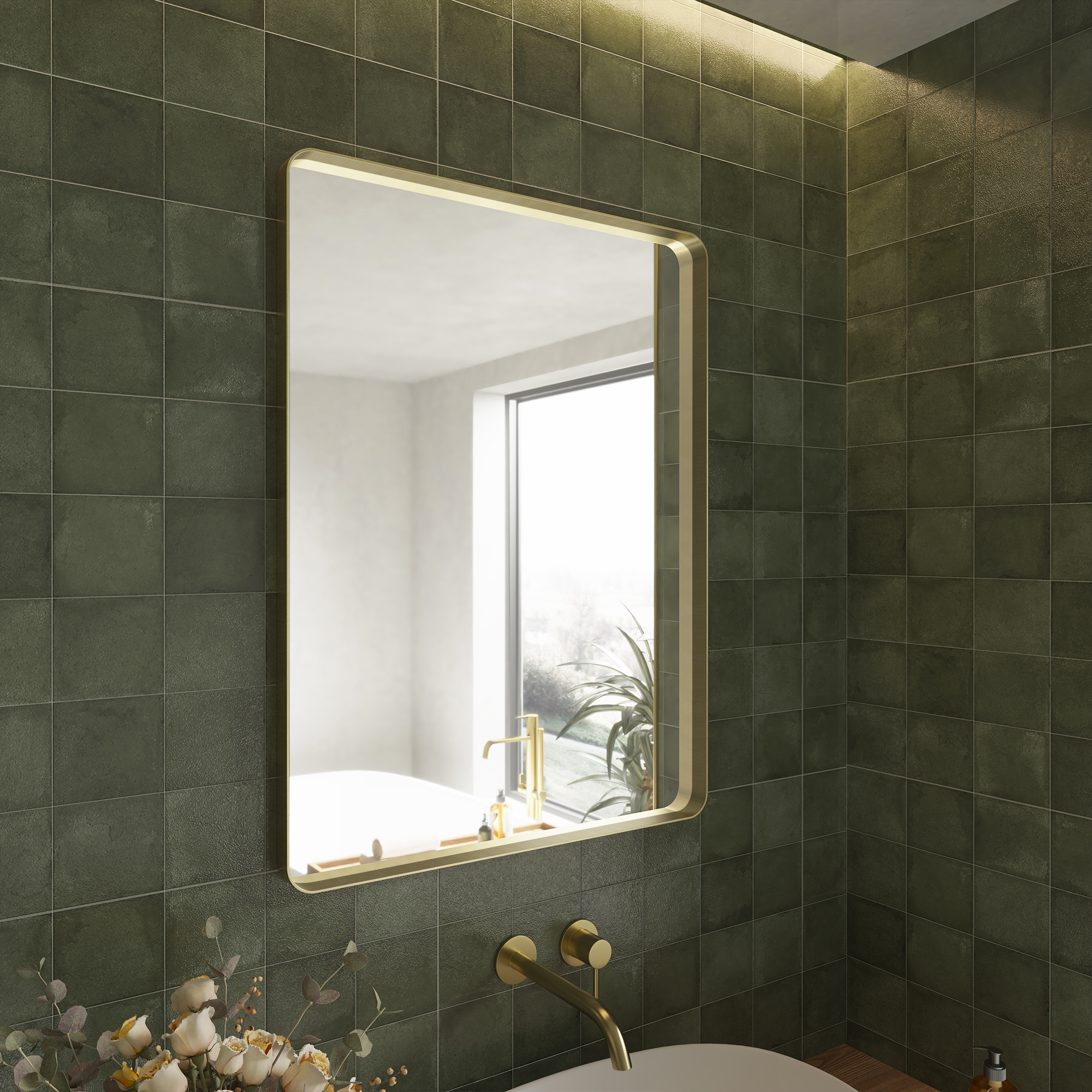 Tempered Glass Wall-Mounted Mirror with Gold Metal Frame