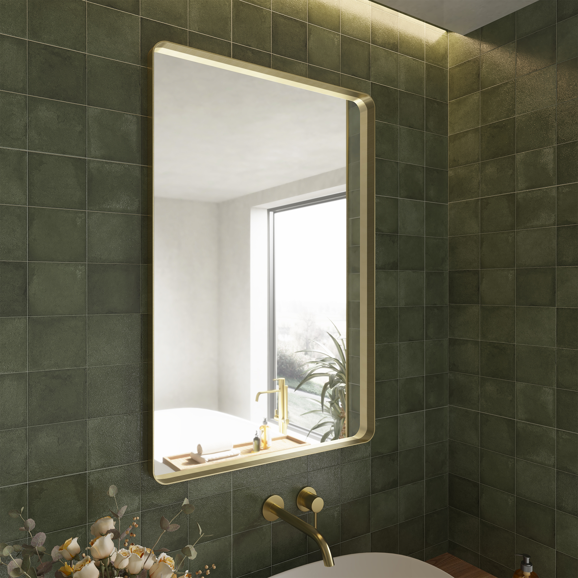 Tempered Glass Wall-Mounted Mirror with Gold Metal Frame