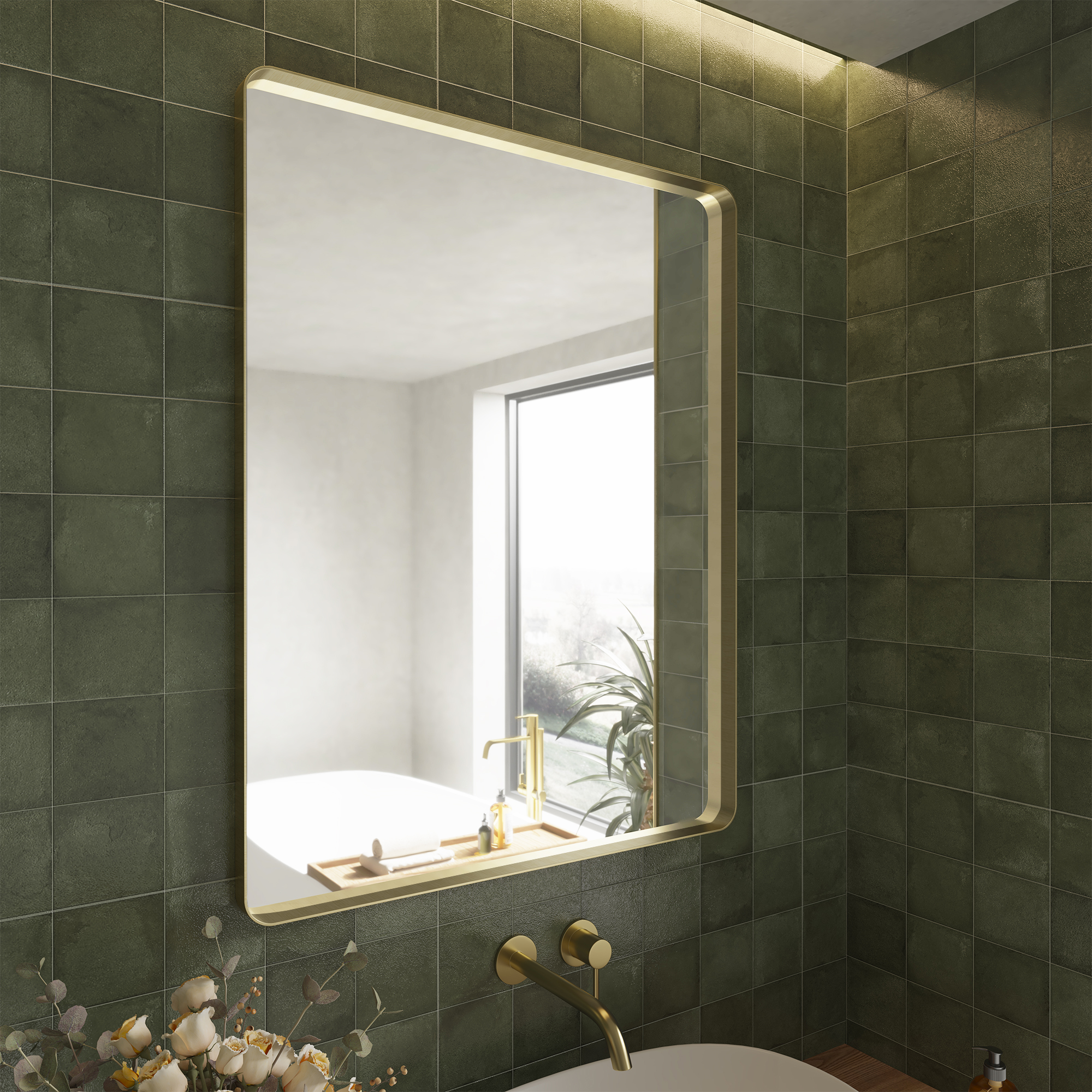 Tempered Glass Wall-Mounted Mirror with Gold Metal Frame