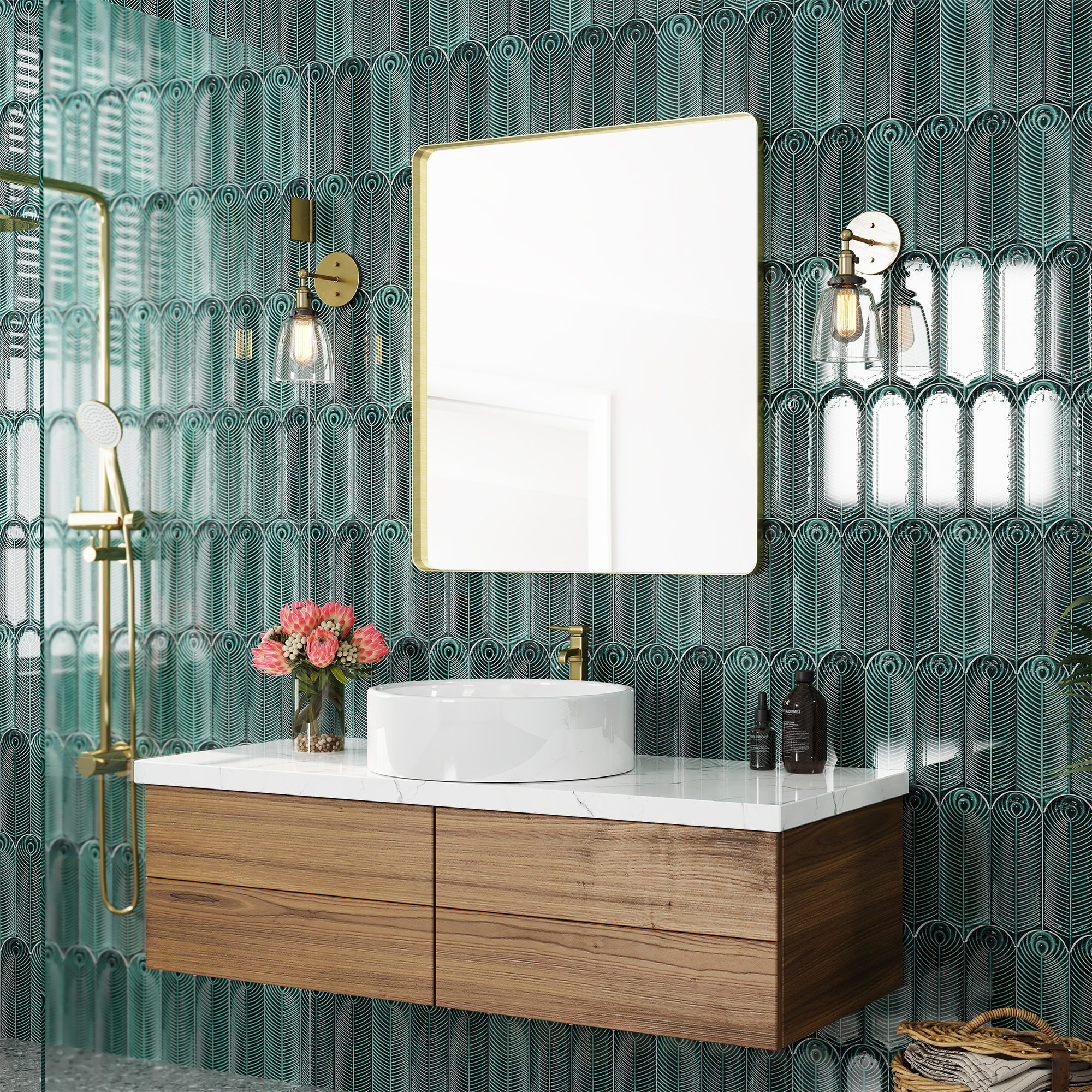 Tempered Glass Wall-Mounted Mirror with Gold Metal Frame