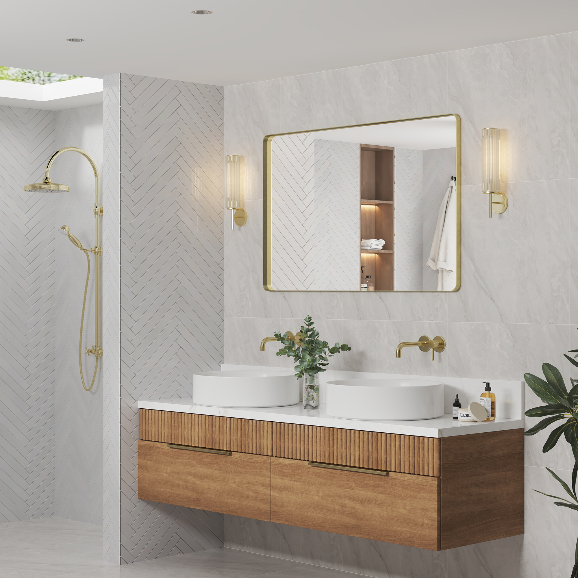 Tempered Glass Wall-Mounted Mirror with Gold Metal Frame