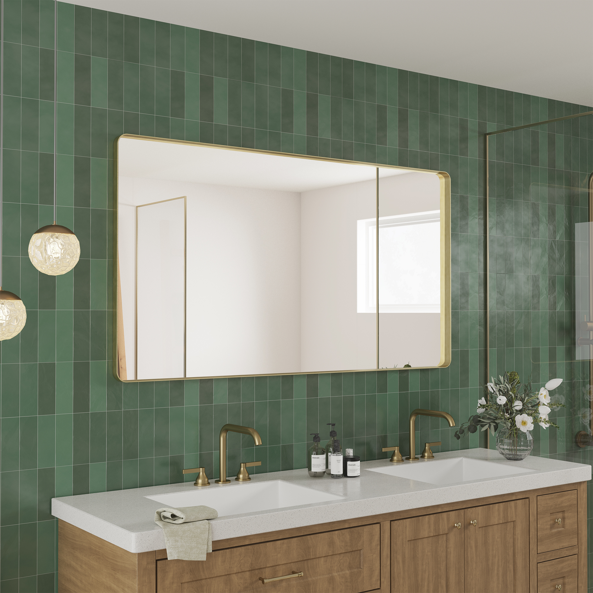 Tempered Glass Wall-Mounted Mirror with Gold Metal Frame