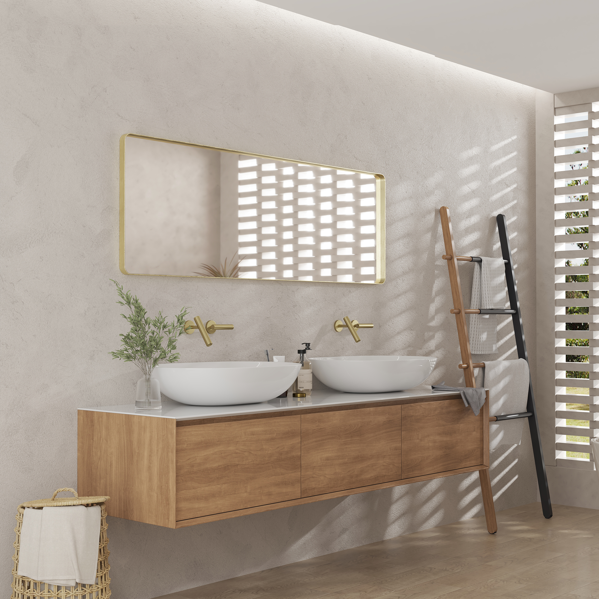 Tempered Glass Wall-Mounted Mirror with Gold Metal Frame