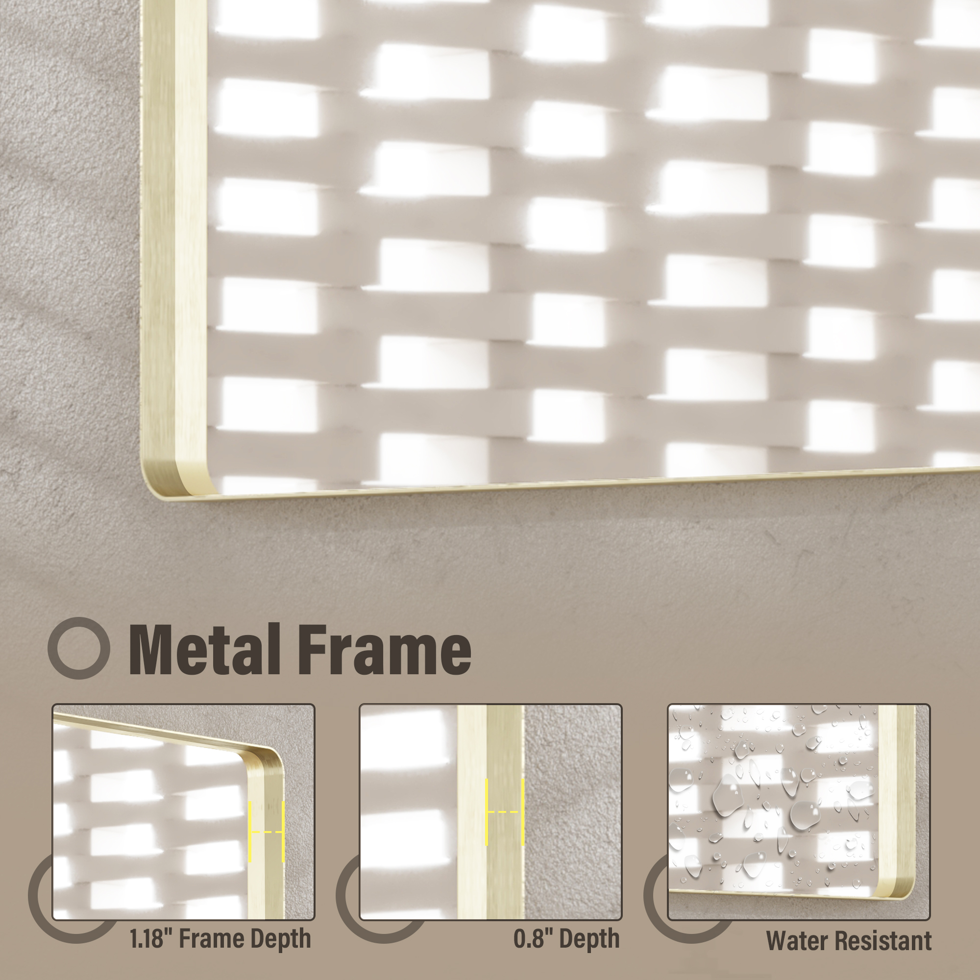 Tempered Glass Wall-Mounted Mirror with Gold Metal Frame