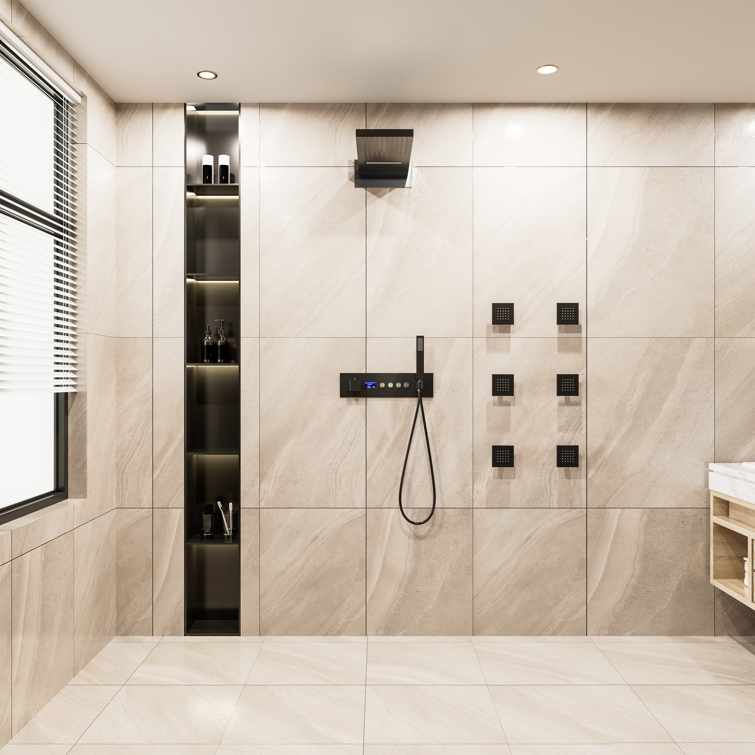 22*9 inch 4-Function Thermostatic Shower System with Digital Display and 6 Body Jets