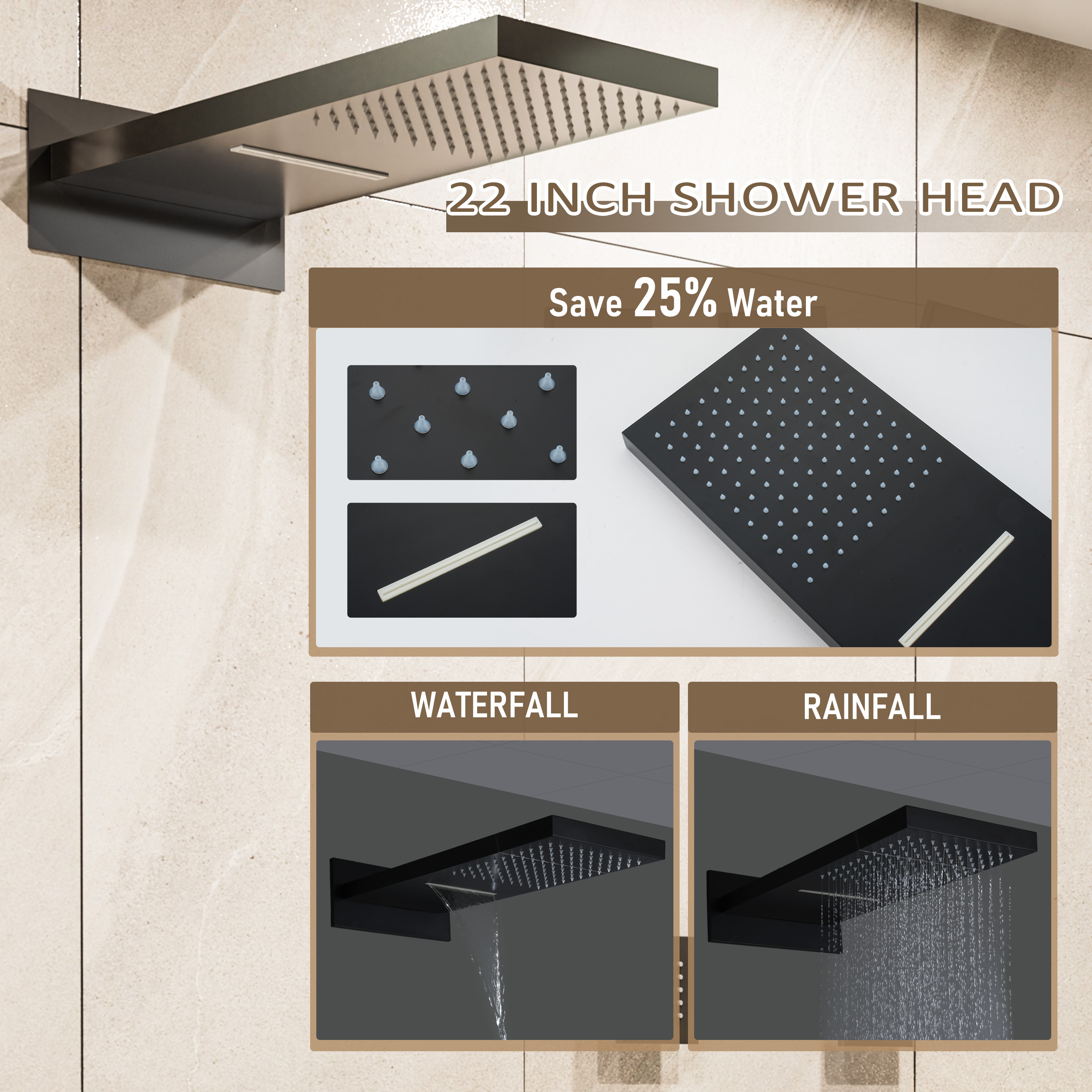 22*9 inch 4-Function Thermostatic Shower System with Digital Display and 6 Body Jets