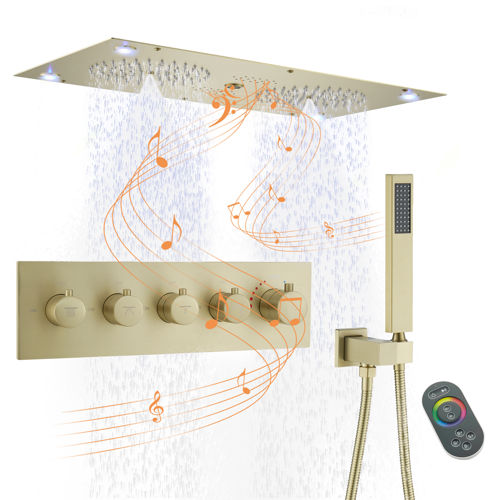 28" x 15" 4-Function Thermostatic Shower System with LED Lights & Bluetooth