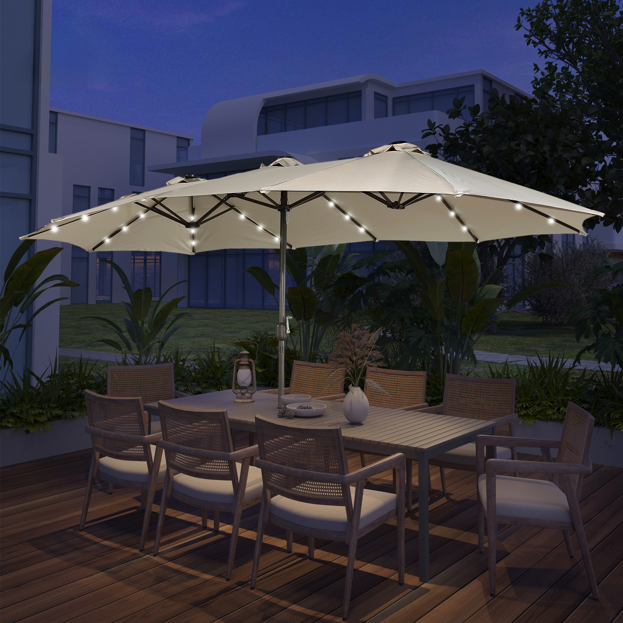 15ft Patio Steel Rectangular Double-Sided Market Umbrella With Base, Classic Design or Solar LED Lights Options,UV Sun Protection & Easy Crank for Deck Pool Patio.