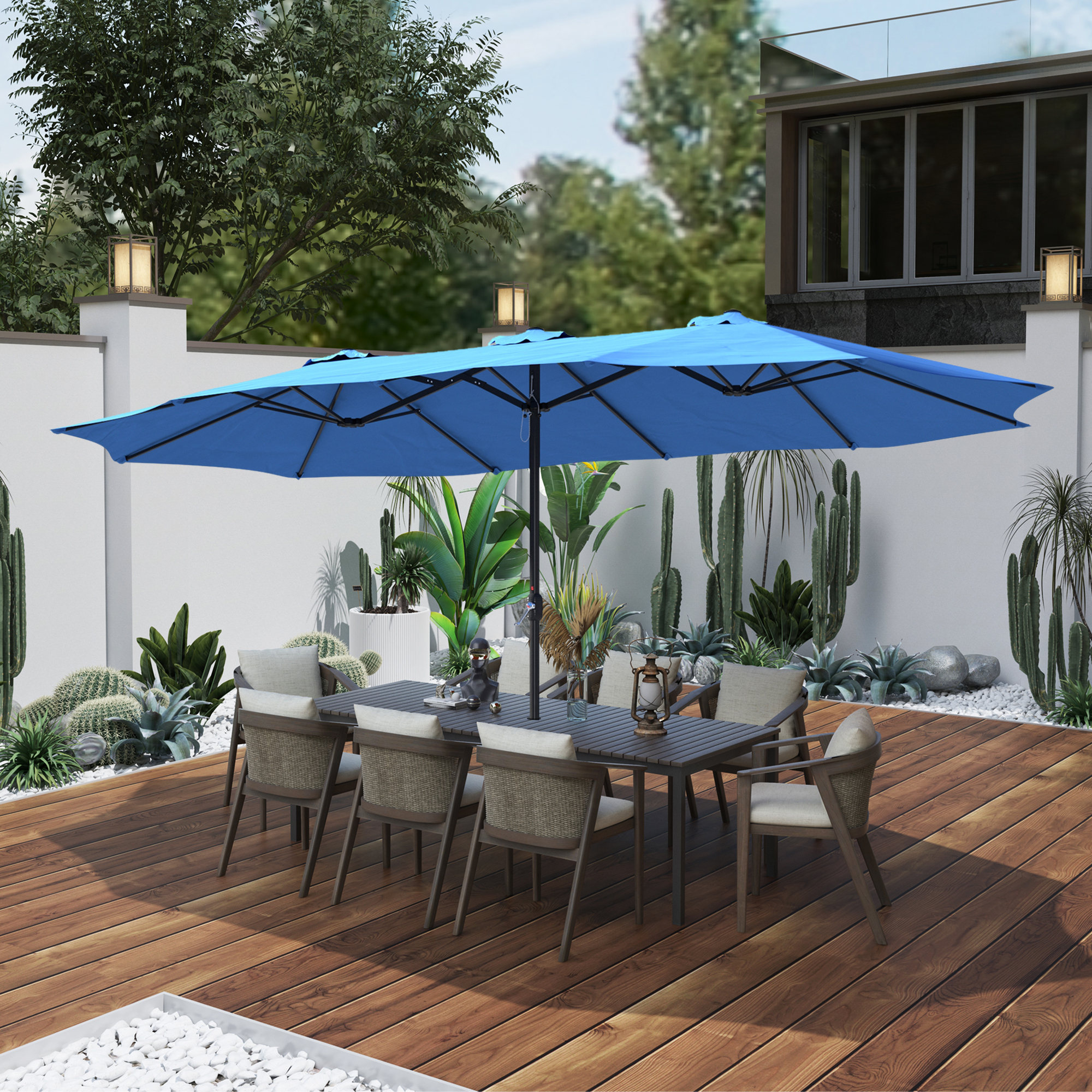15ft Patio Steel Rectangular Double-Sided Market Umbrella With Base, Classic Design or Solar LED Lights Options,UV Sun Protection & Easy Crank for Deck Pool Patio.