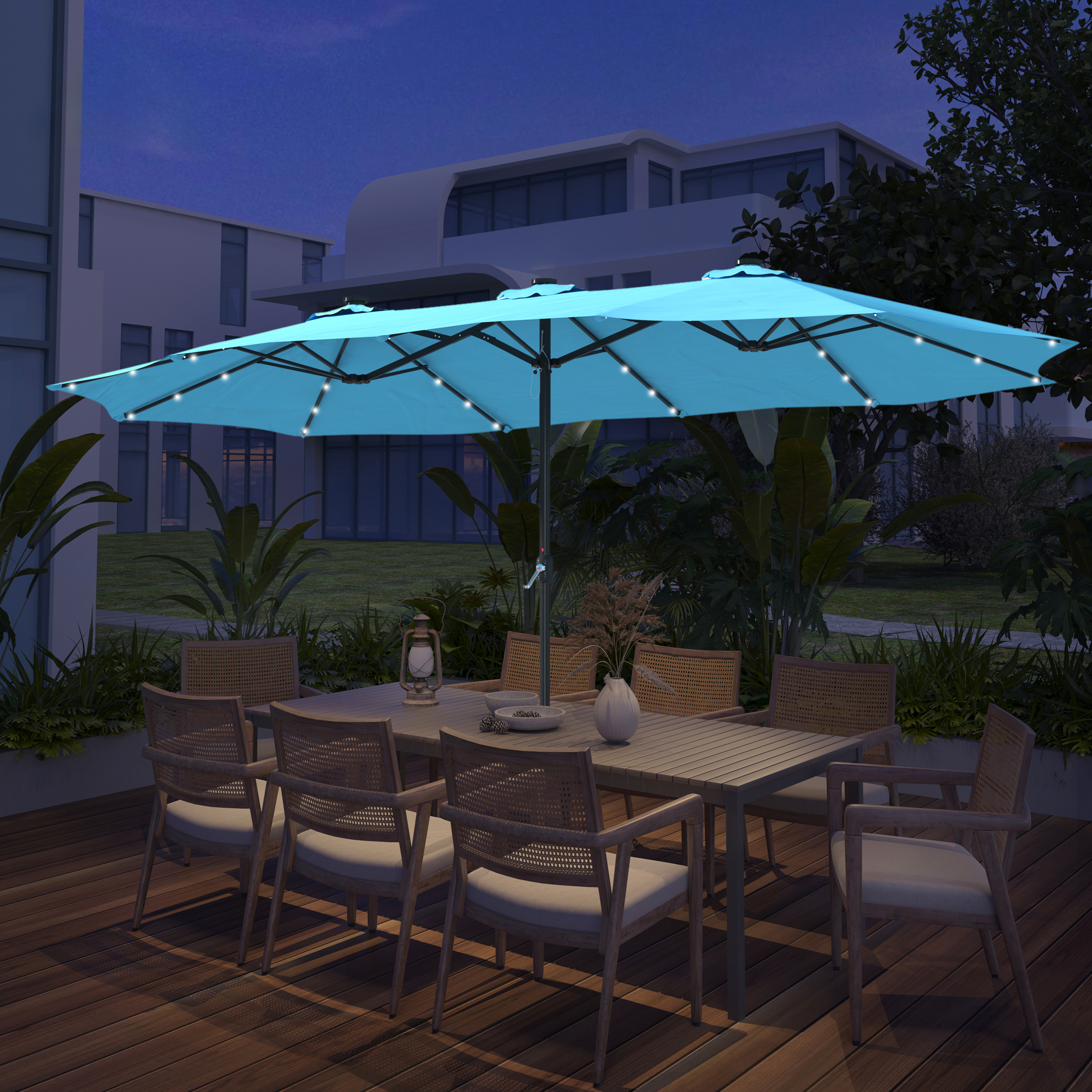 15ft Patio Steel Rectangular Double-Sided Market Umbrella With Base, Classic Design or Solar LED Lights Options,UV Sun Protection & Easy Crank for Deck Pool Patio.