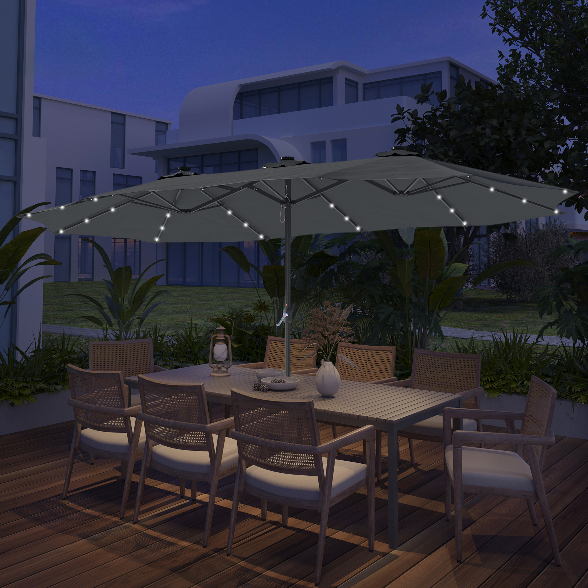 15ft Patio Steel Rectangular Double-Sided Market Umbrella With Base, Classic Design or Solar LED Lights Options,UV Sun Protection & Easy Crank for Deck Pool Patio.