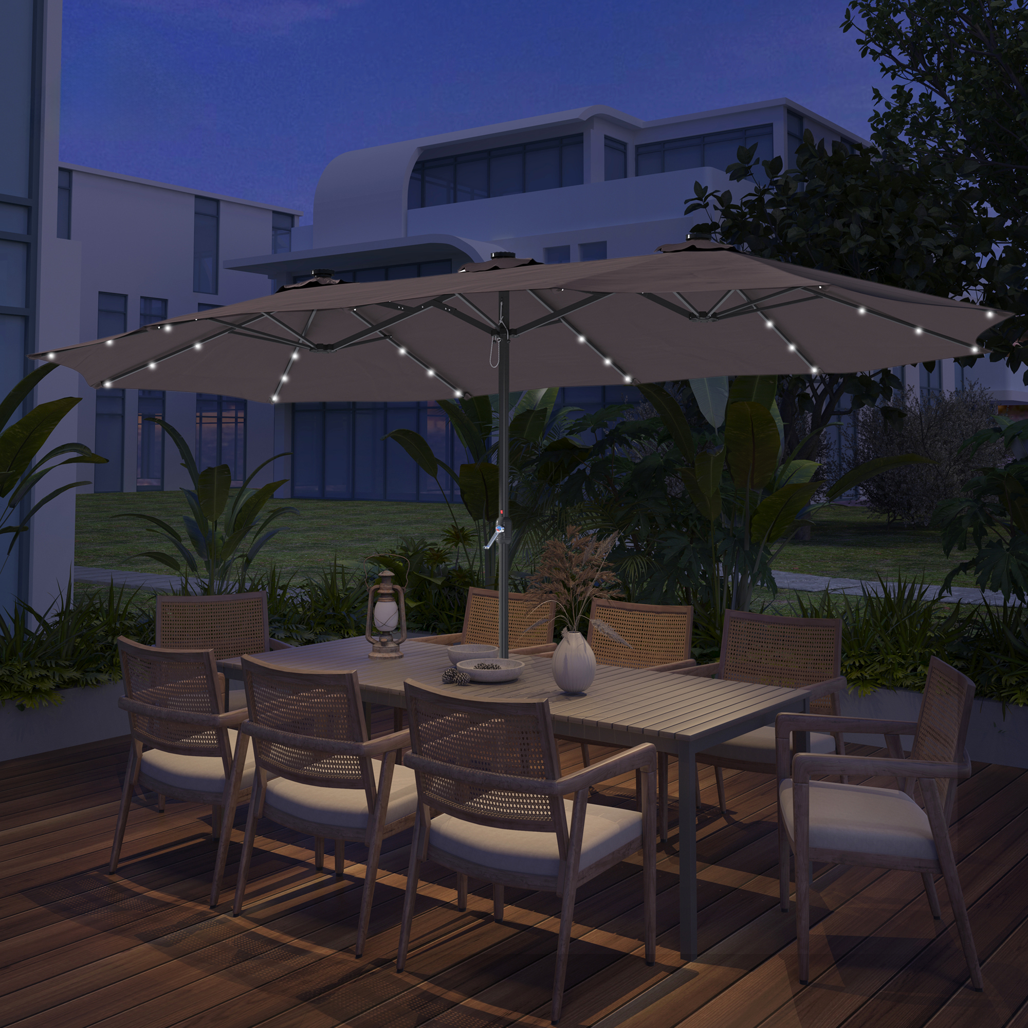 15ft Patio Steel Rectangular Double-Sided Market Umbrella With Base, Classic Design or Solar LED Lights Options,UV Sun Protection & Easy Crank for Deck Pool Patio.