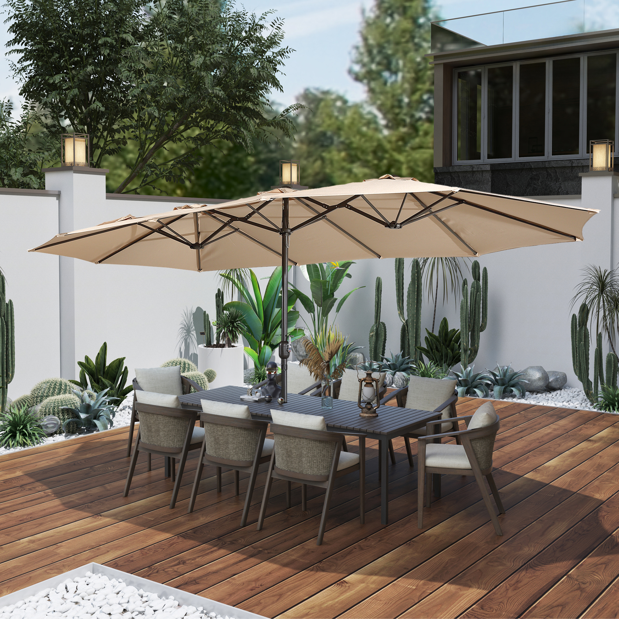 15ft Patio Steel Rectangular Double-Sided Market Umbrella With Base, Classic Design or Solar LED Lights Options,UV Sun Protection & Easy Crank for Deck Pool Patio.