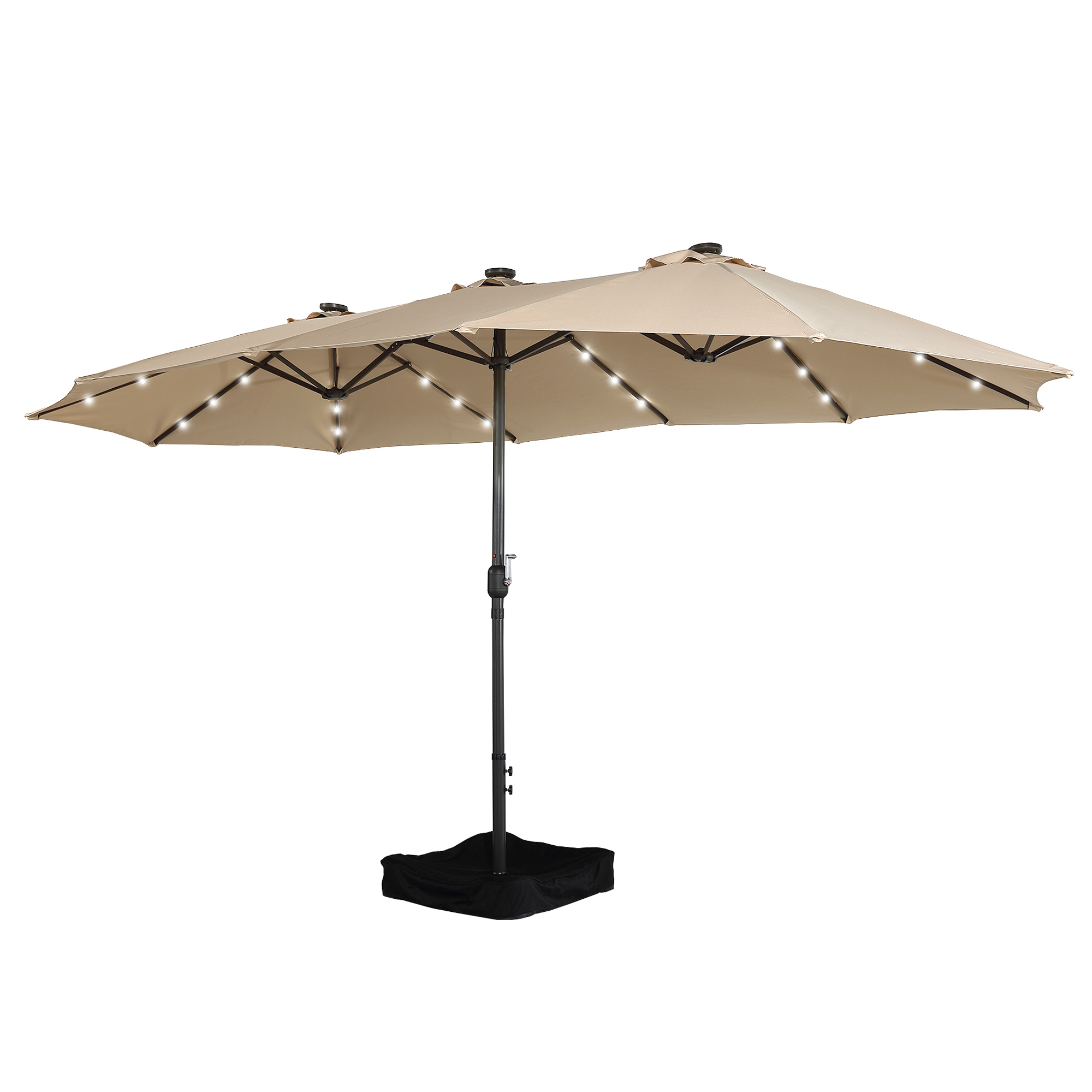 15ft Patio Steel Rectangular Double-Sided Market Umbrella With Base, Classic Design or Solar LED Lights Options,UV Sun Protection & Easy Crank for Deck Pool Patio.