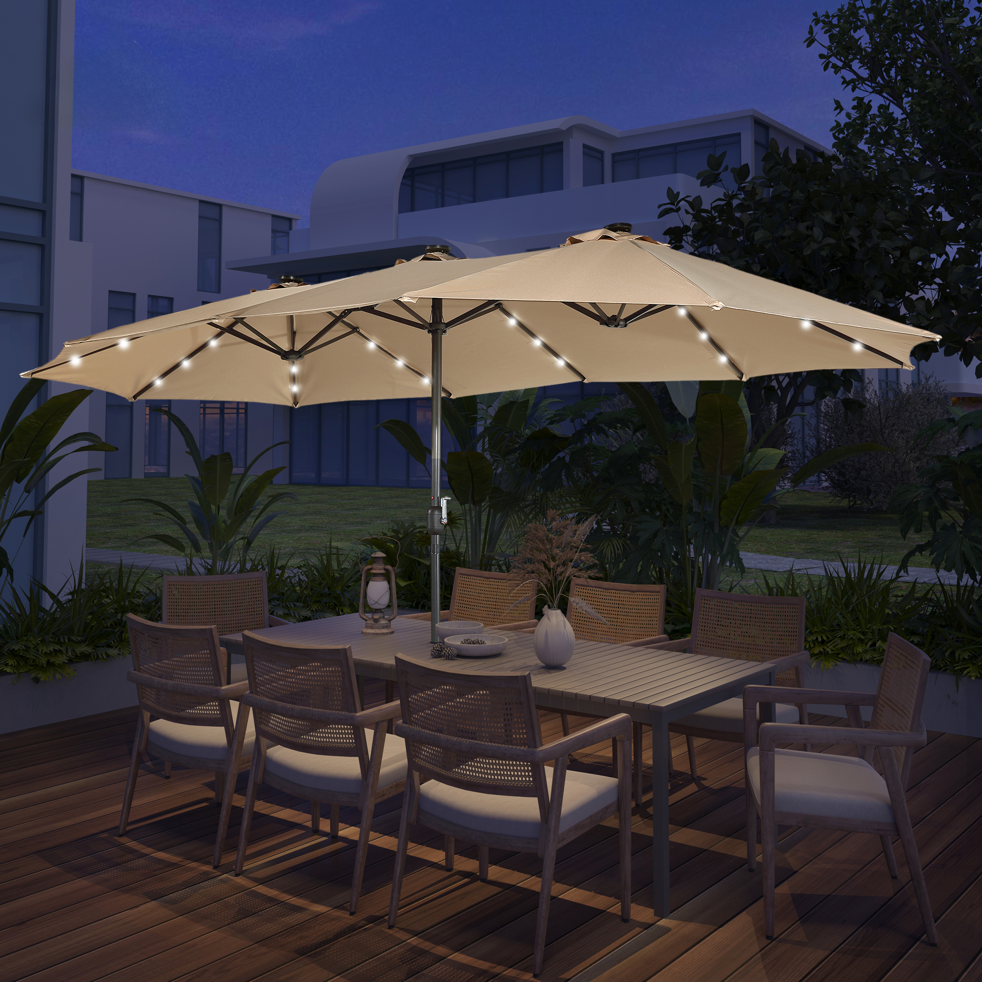 15ft Patio Steel Rectangular Double-Sided Market Umbrella With Base, Classic Design or Solar LED Lights Options,UV Sun Protection & Easy Crank for Deck Pool Patio.