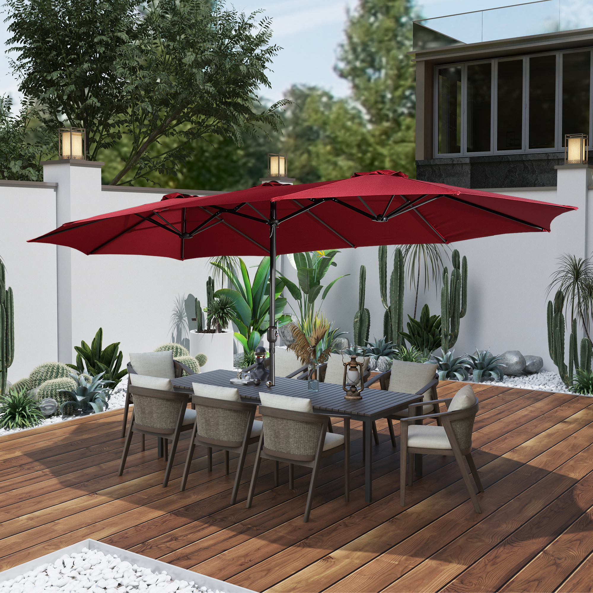 15ft Patio Steel Rectangular Double-Sided Market Umbrella With Base, Classic Design or Solar LED Lights Options,UV Sun Protection & Easy Crank for Deck Pool Patio.