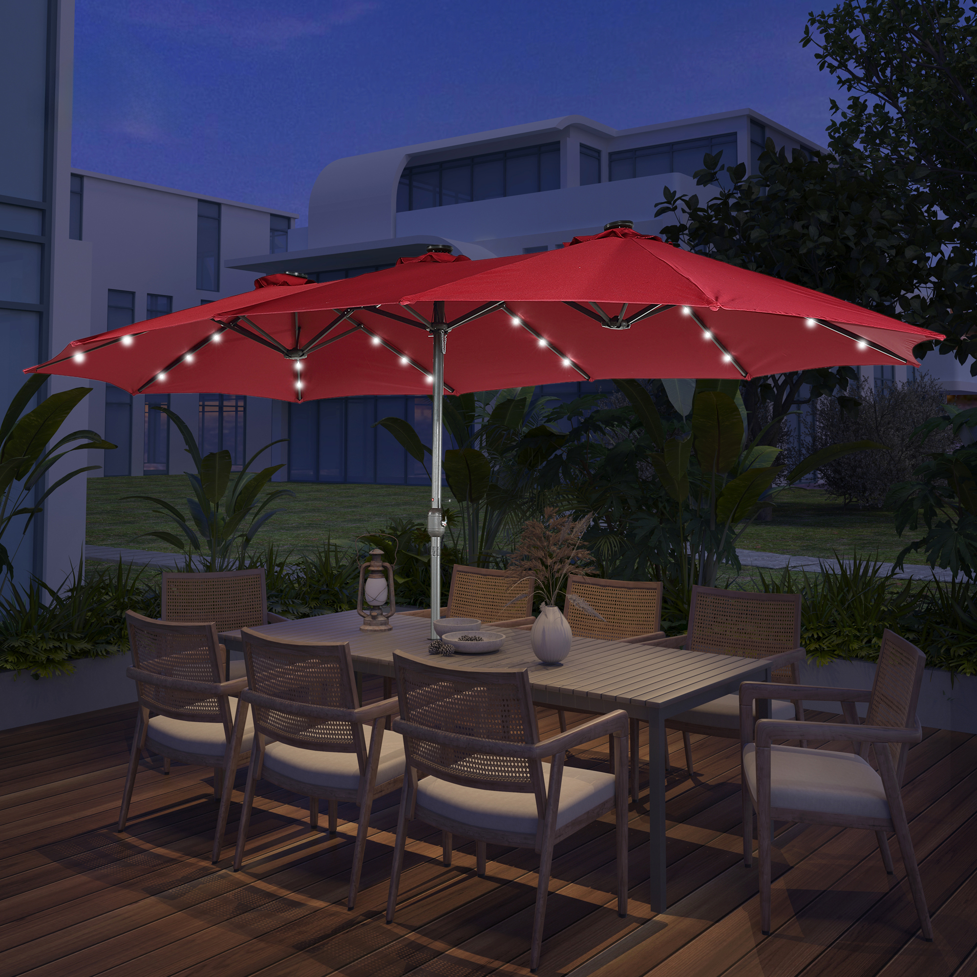 15ft Patio Steel Rectangular Double-Sided Market Umbrella With Base, Classic Design or Solar LED Lights Options,UV Sun Protection & Easy Crank for Deck Pool Patio.