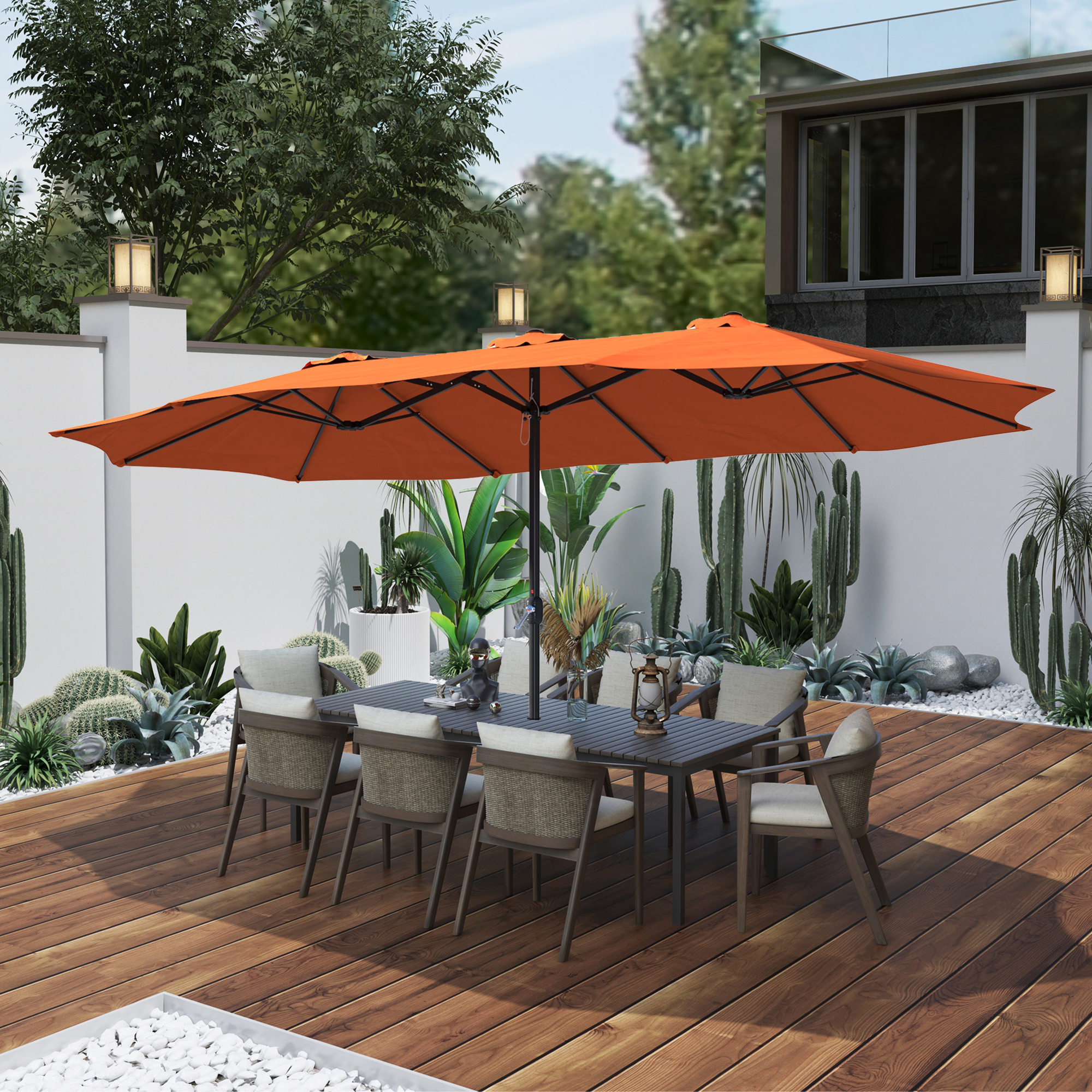 15ft Patio Steel Rectangular Double-Sided Market Umbrella With Base, Classic Design or Solar LED Lights Options,UV Sun Protection & Easy Crank for Deck Pool Patio.