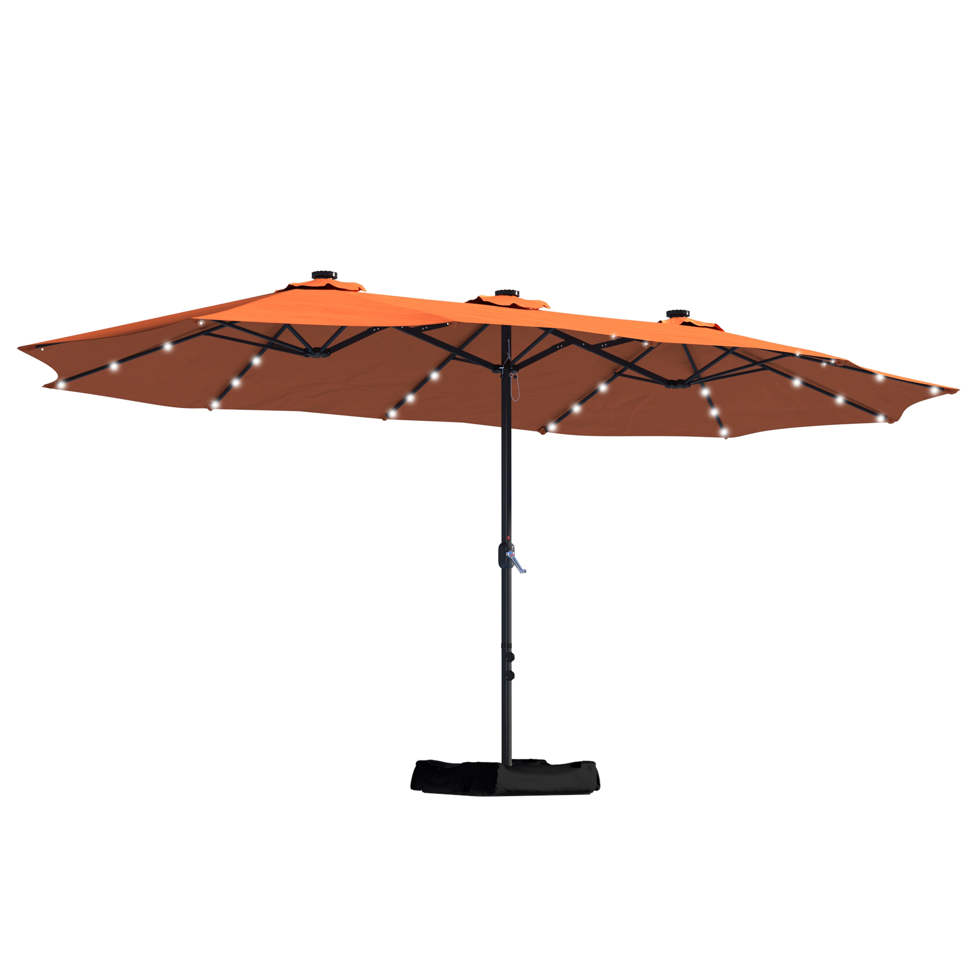 15ft Patio Steel Rectangular Double-Sided Market Umbrella With Base, Classic Design or Solar LED Lights Options,UV Sun Protection & Easy Crank for Deck Pool Patio.