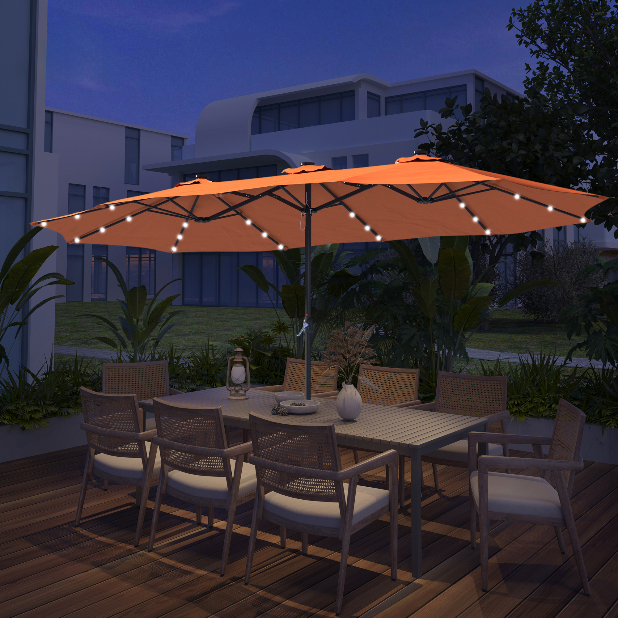 15ft Patio Steel Rectangular Double-Sided Market Umbrella With Base, Classic Design or Solar LED Lights Options,UV Sun Protection & Easy Crank for Deck Pool Patio.