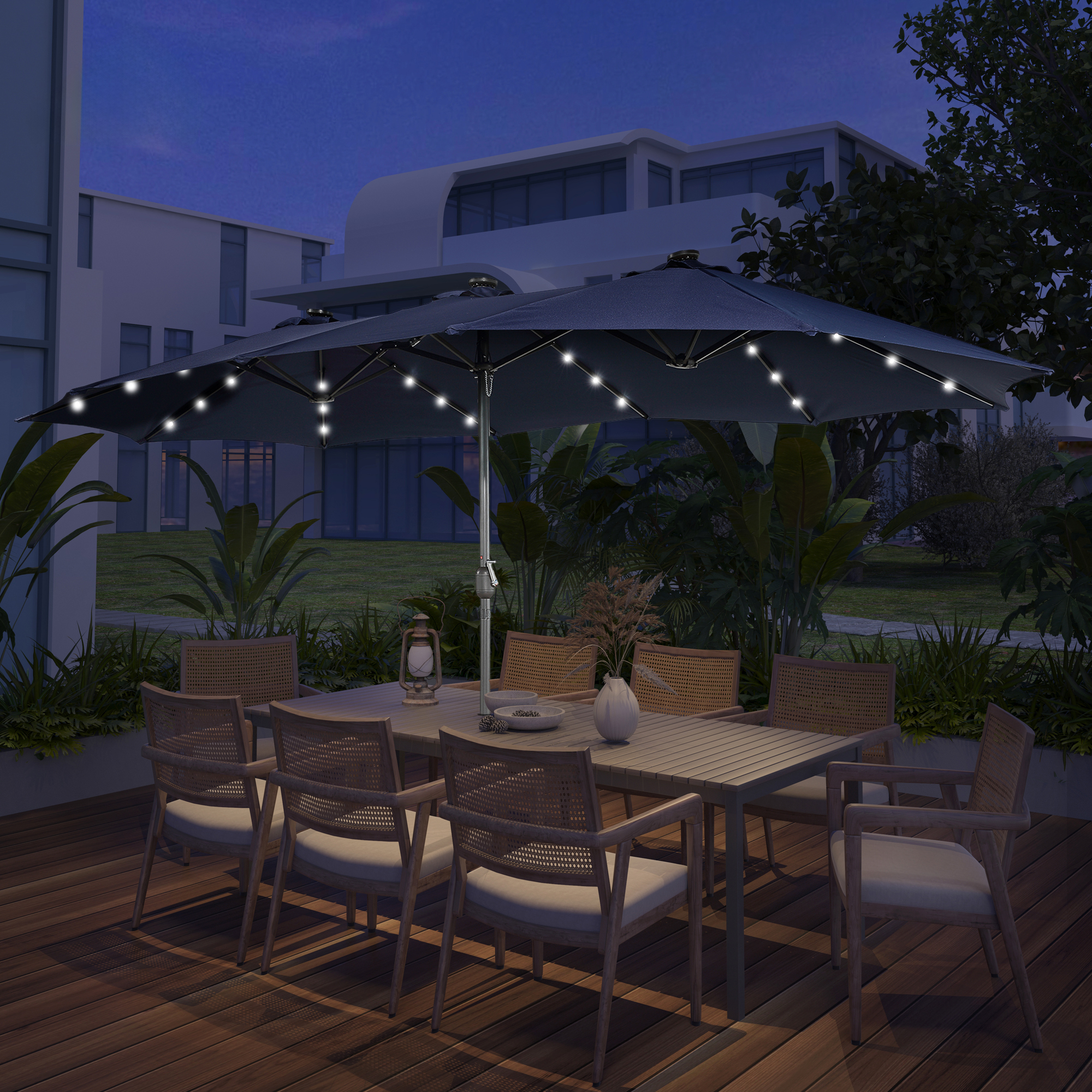 15ft Patio Steel Rectangular Double-Sided Market Umbrella With Base, Classic Design or Solar LED Lights Options,UV Sun Protection & Easy Crank for Deck Pool Patio.