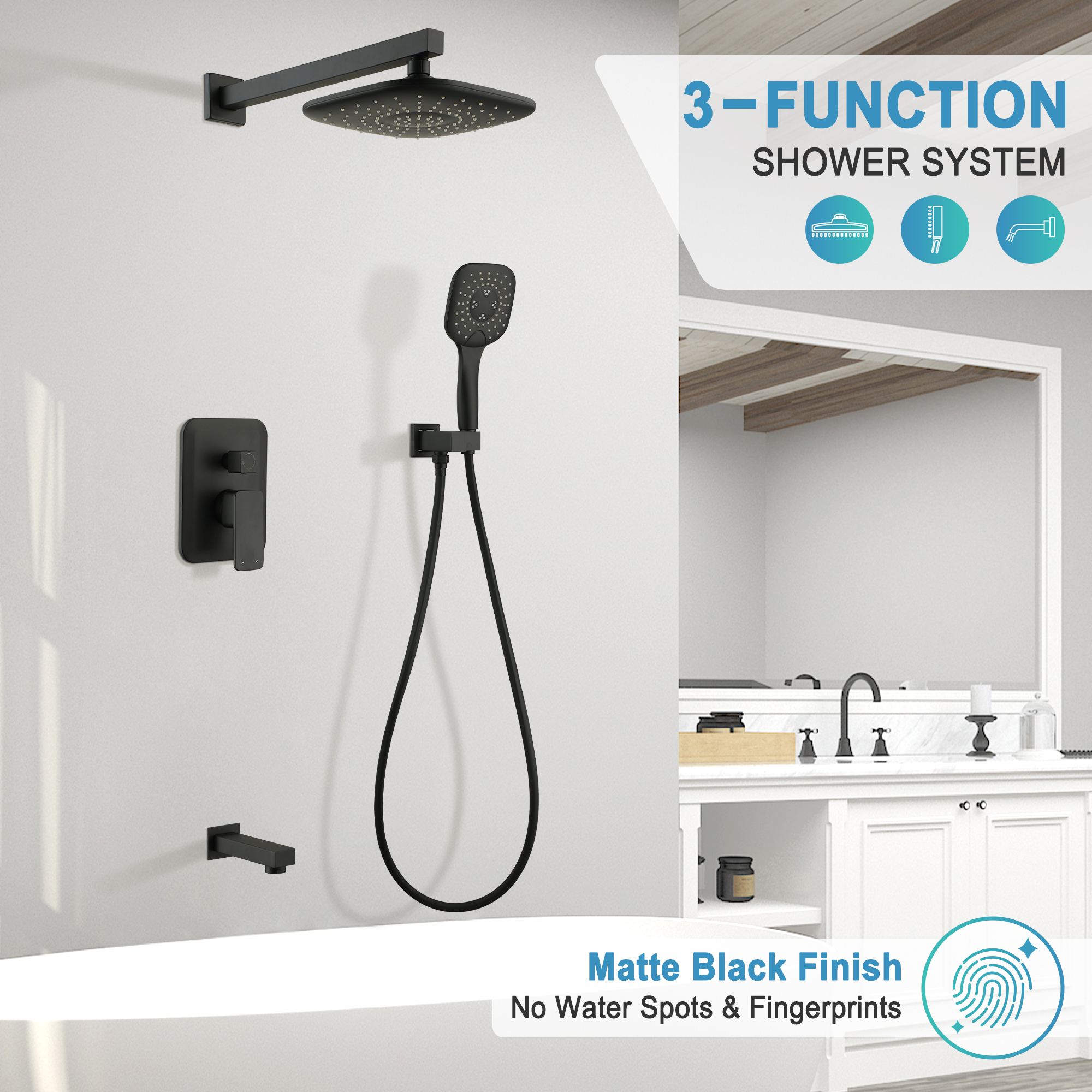 9-inch 3-Way Wall-Mounted Shower System with Tub Spout