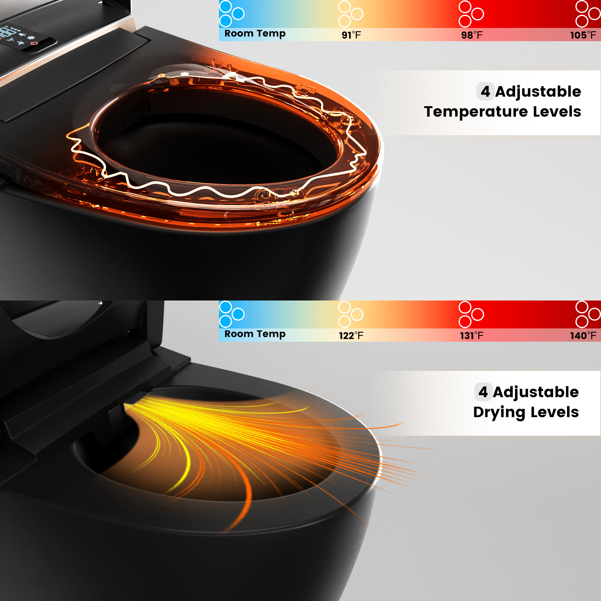 Luxe Smart Bidet Toilet with Built-in Deodorizer and LED Display, White, Black & Grey