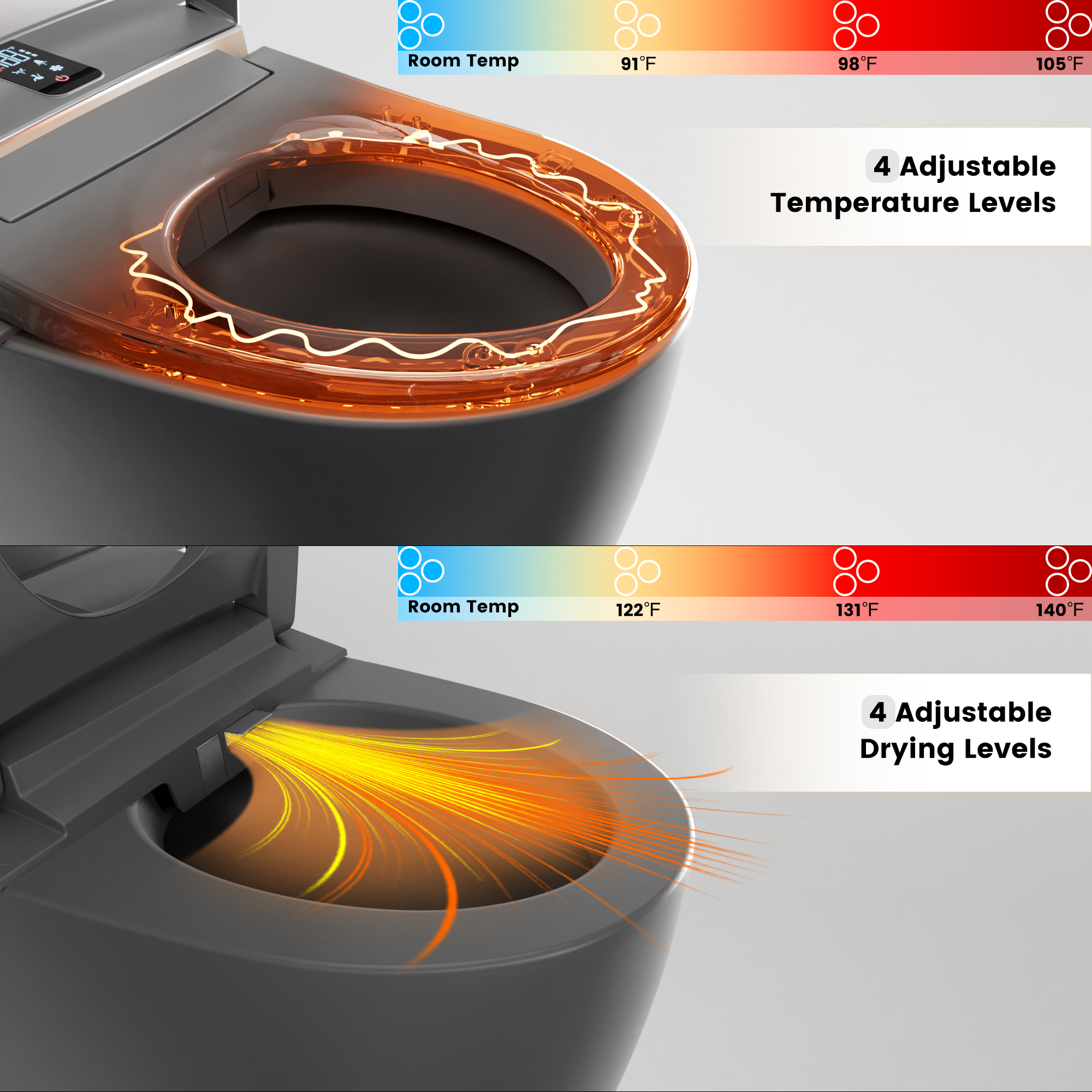 Luxe Smart Bidet Toilet with Built-in Deodorizer and LED Display, White, Black & Grey