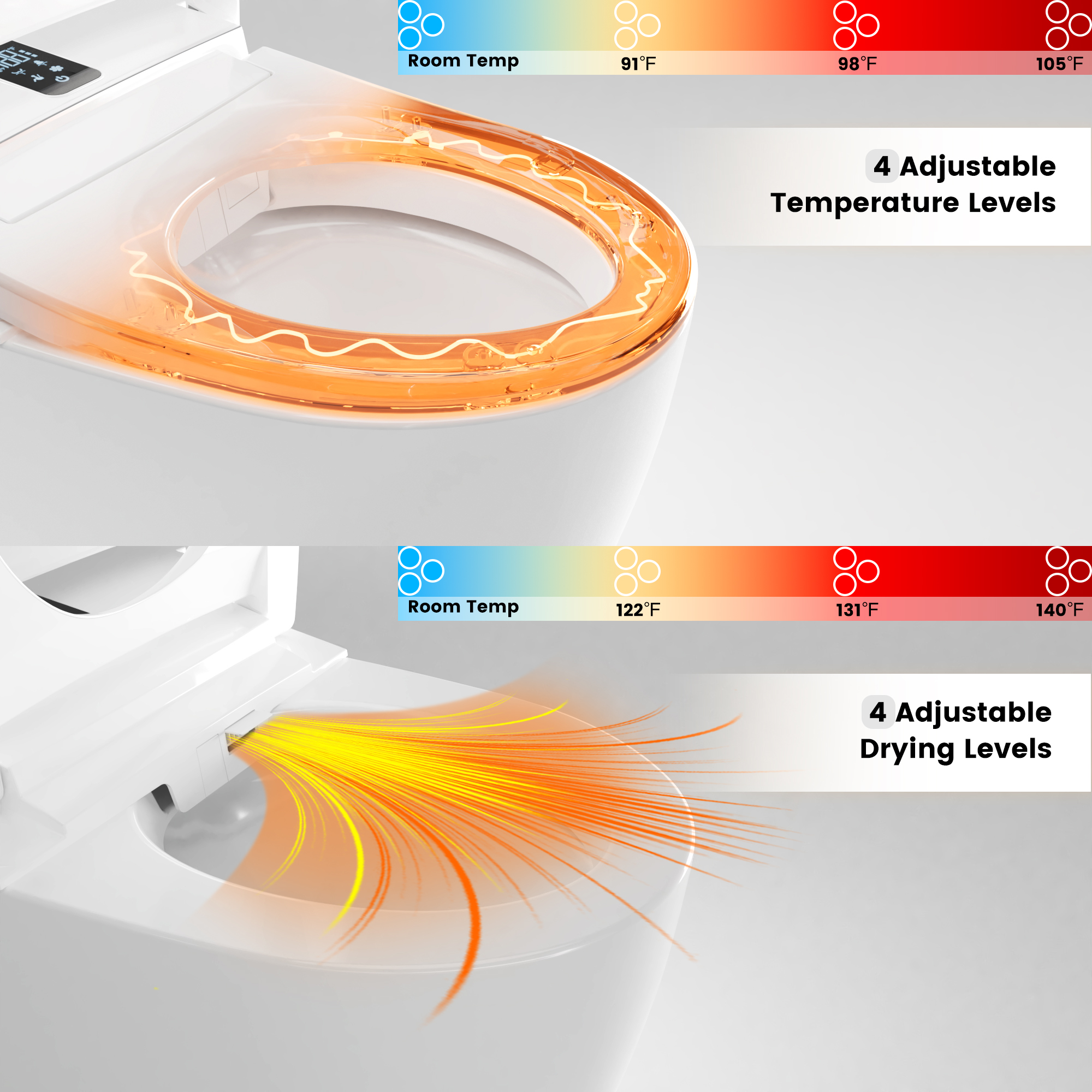 Luxe Smart Bidet Toilet with Built-in Deodorizer and LED Display, White, Black & Grey