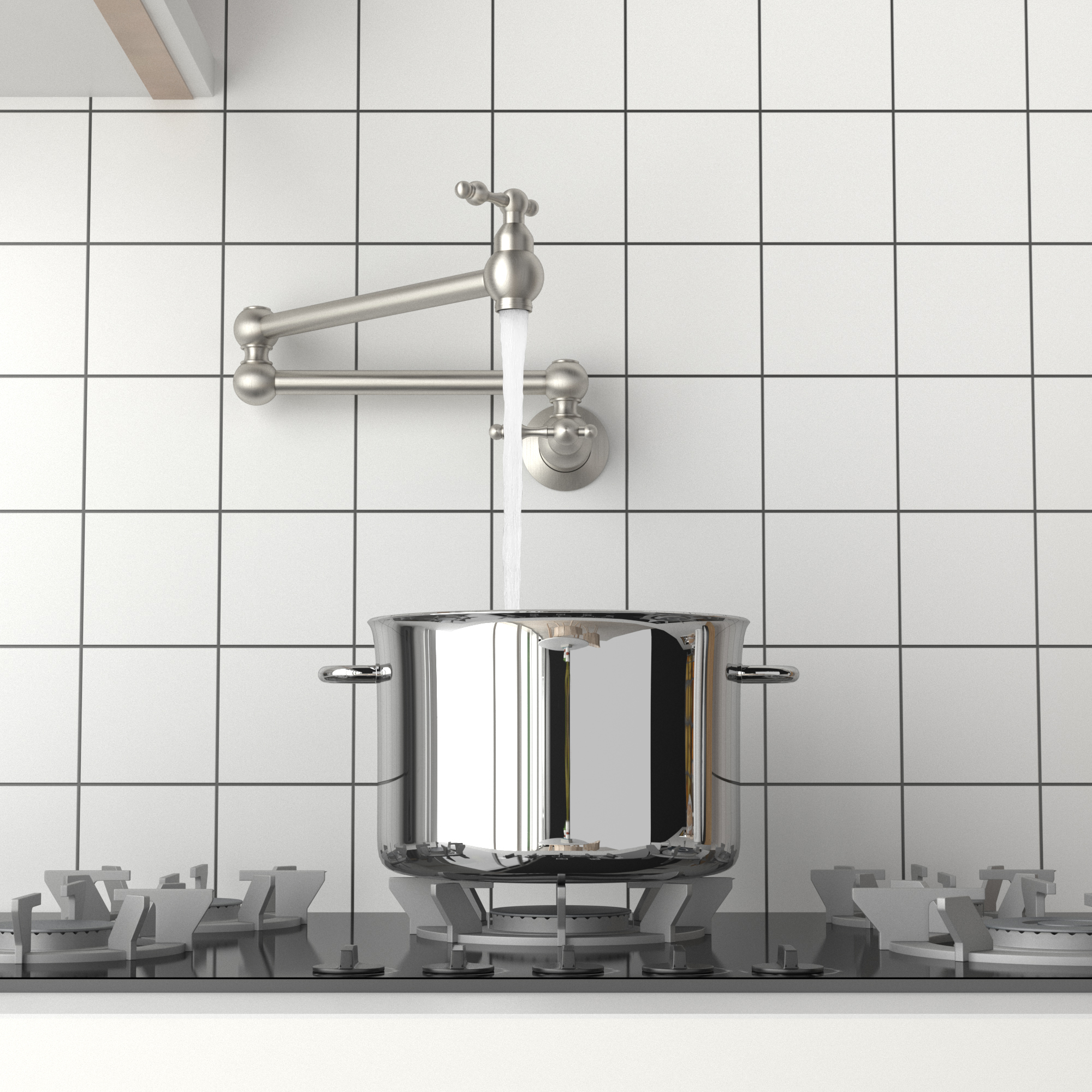 Wall Mounted Pot Filler Faucet with Double Handles, 360° Rotatable Folding Spout, Solid Brass Construction, Anti-Splash Aerator