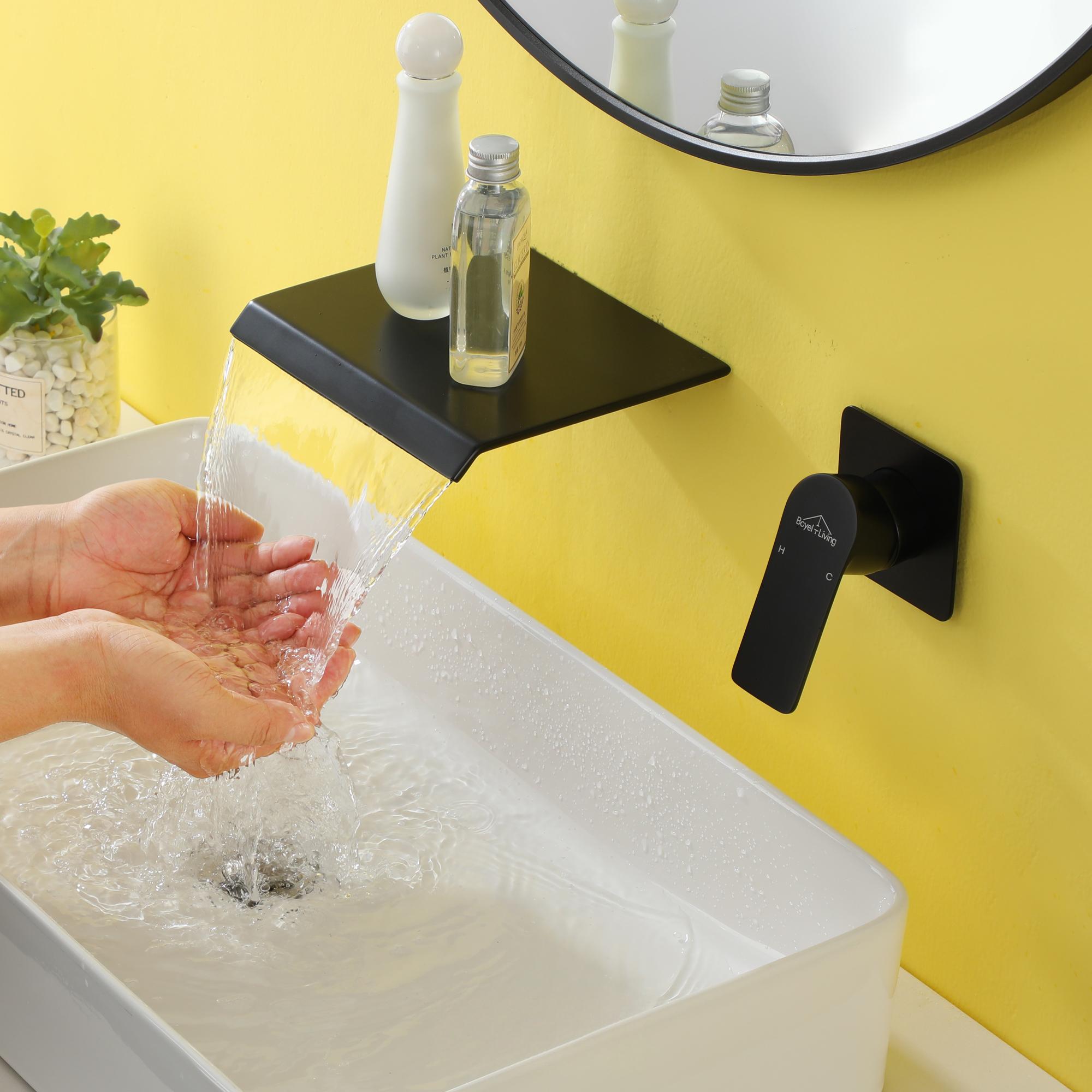 Wall Mounted Waterfall Bathroom Sink Faucet in Matte Black & Brushed Gold