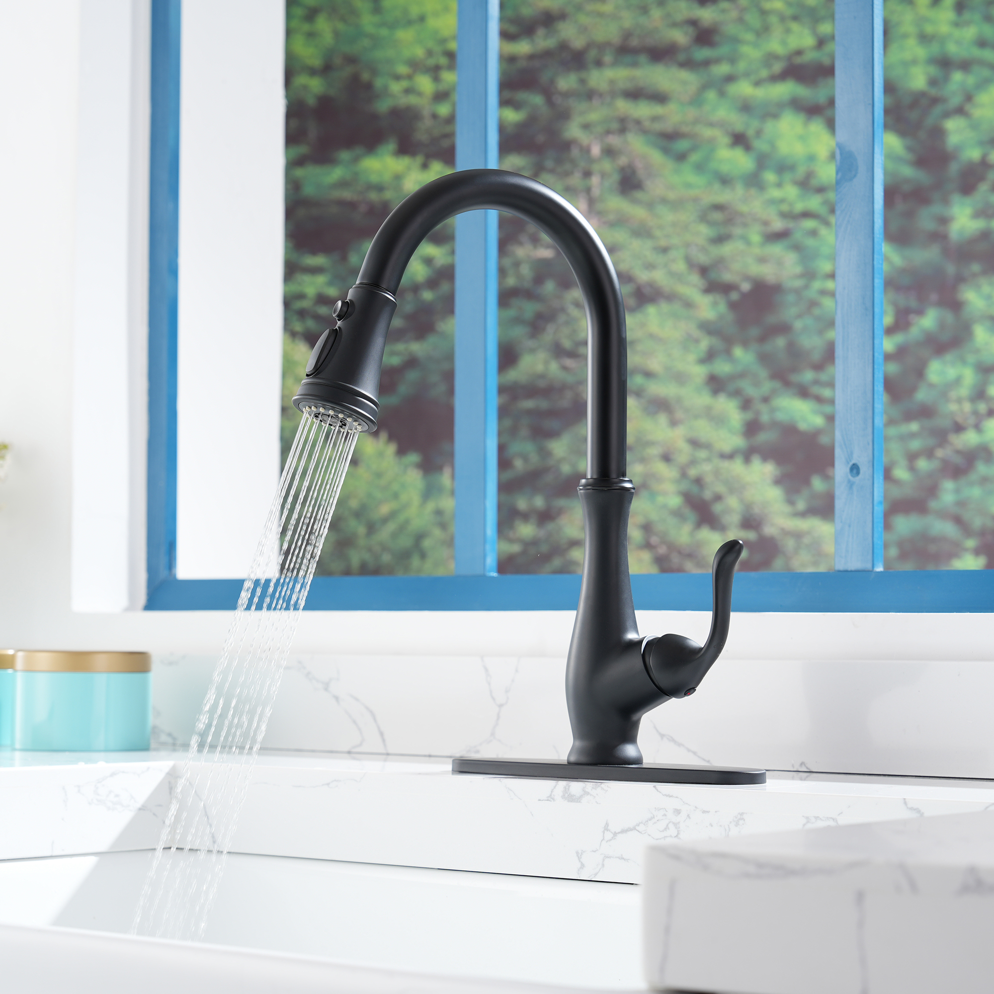 Pull Down Kitchen Faucet Single Handle with Blade Stream Modern Design Easy Installation Deck Plate Included