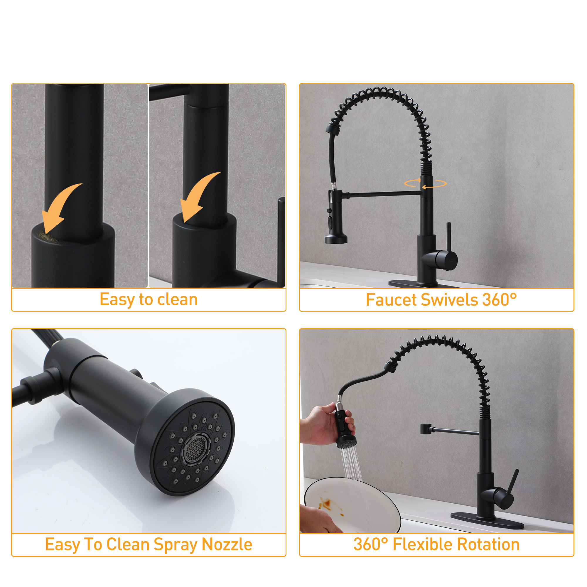 Pull-Down Kitchen Faucet Spring Design with Three-Function Sprayer and Deck Plate for Single or Three-Hole Installation