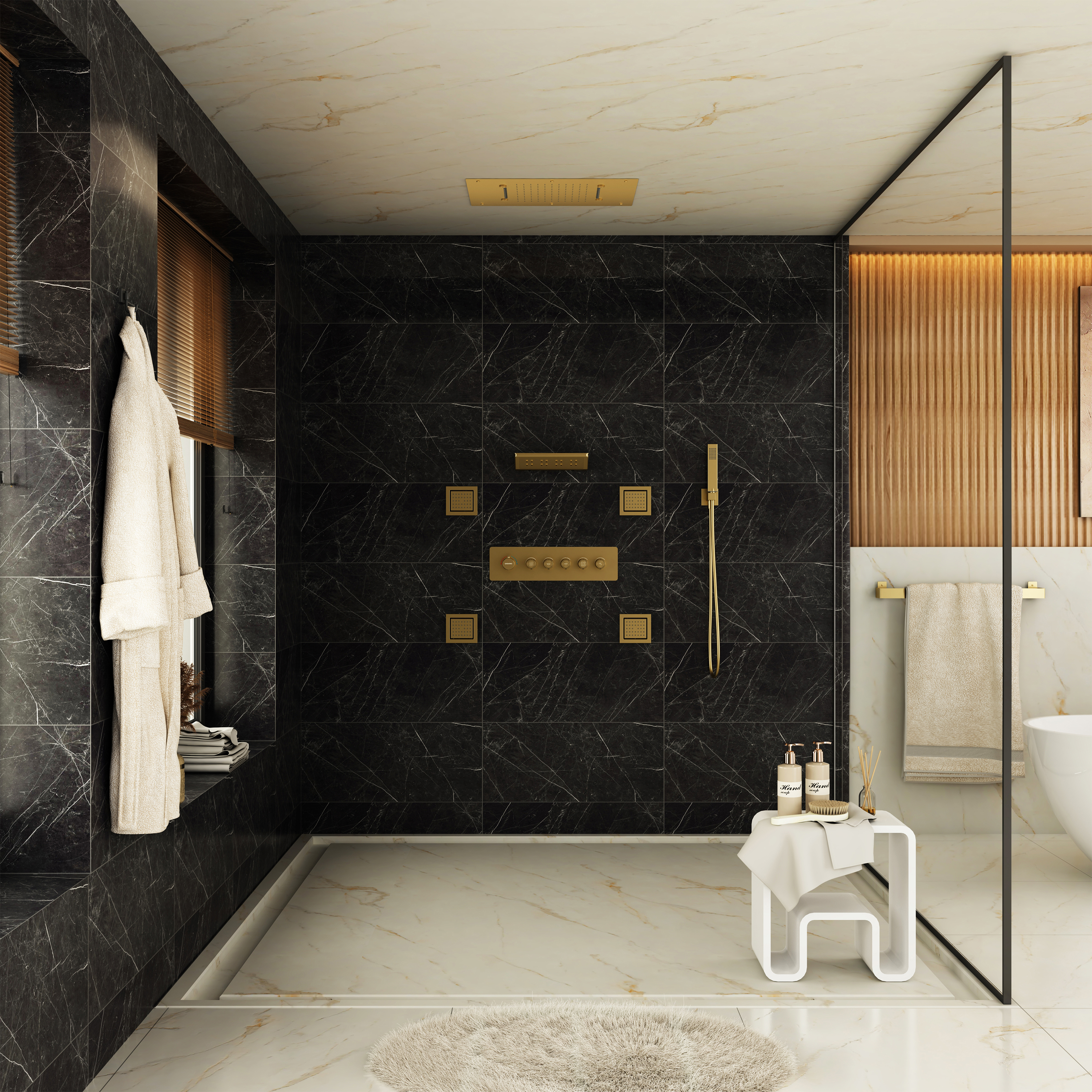 23.6" x 15.7" Ceiling-Mounted 5-Function Thermostatic Shower System with Neck/Back Massage Spout