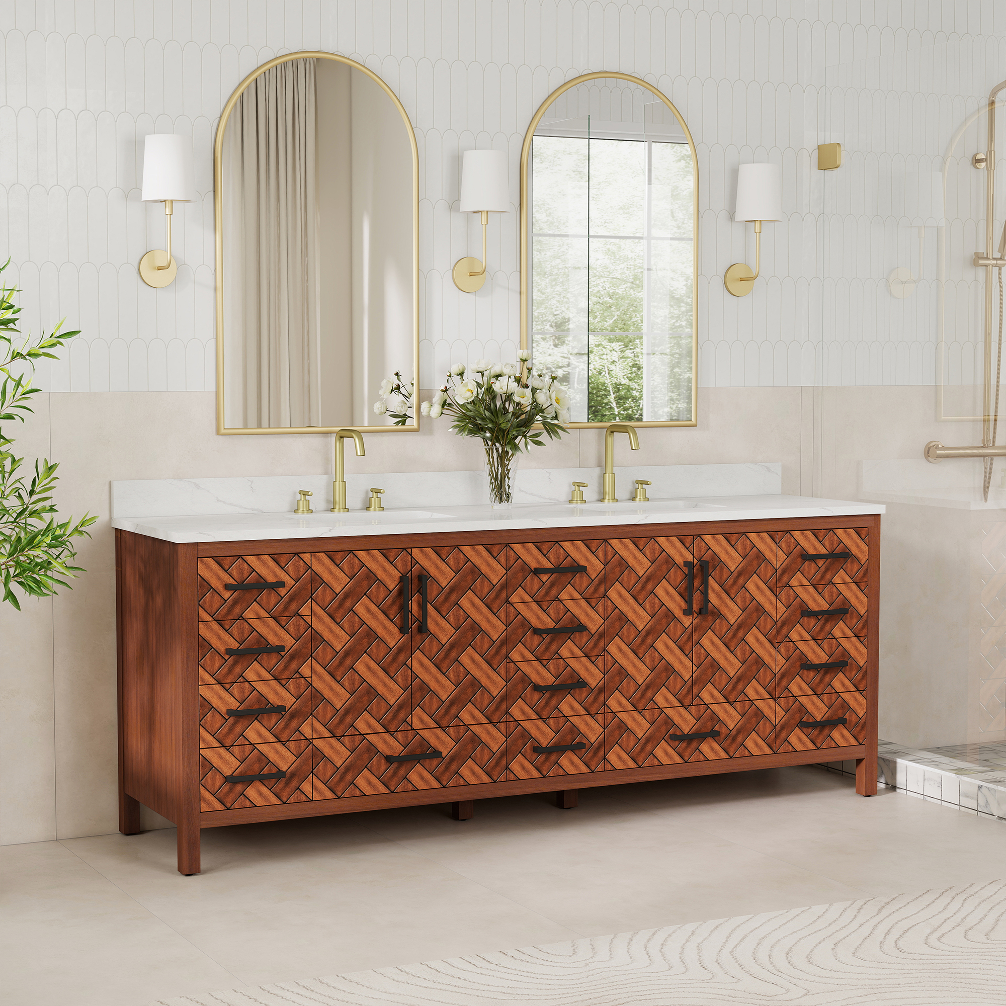 84-inch Freestanding Bathroom Vanity with Double Sink and Engineering Stone Top