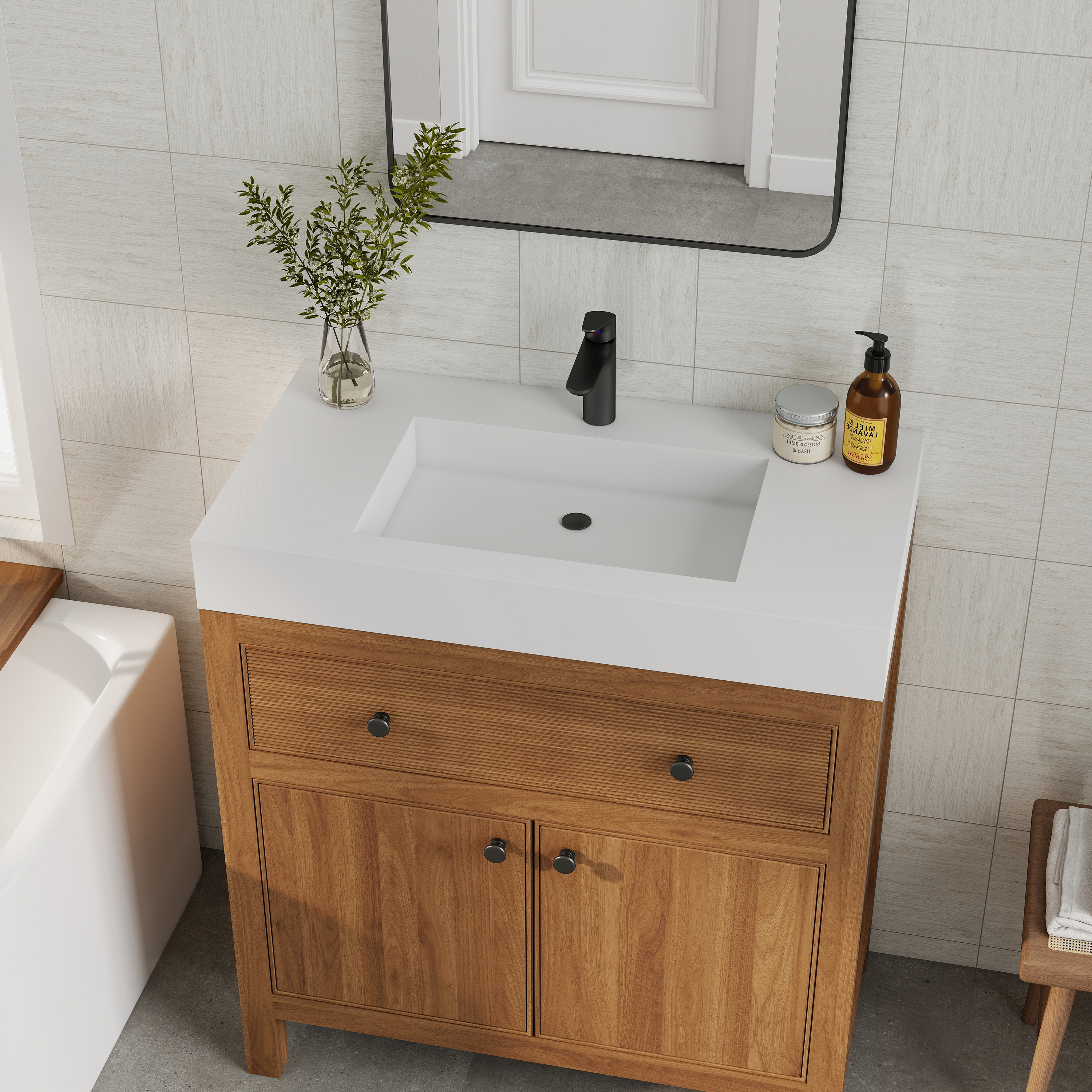 35" Solid Surface Wall Mounted Basin Sink in Matte White