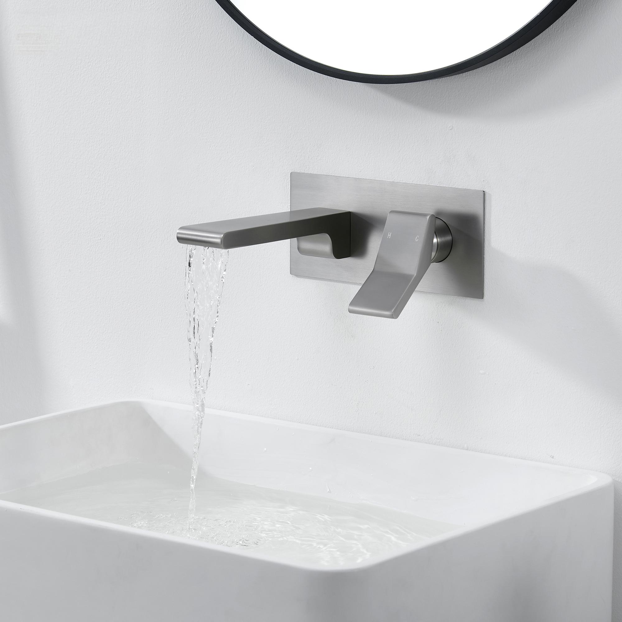 Modern Single Handle Wall Mount Bathroom Faucet with Brass Spout & Plate